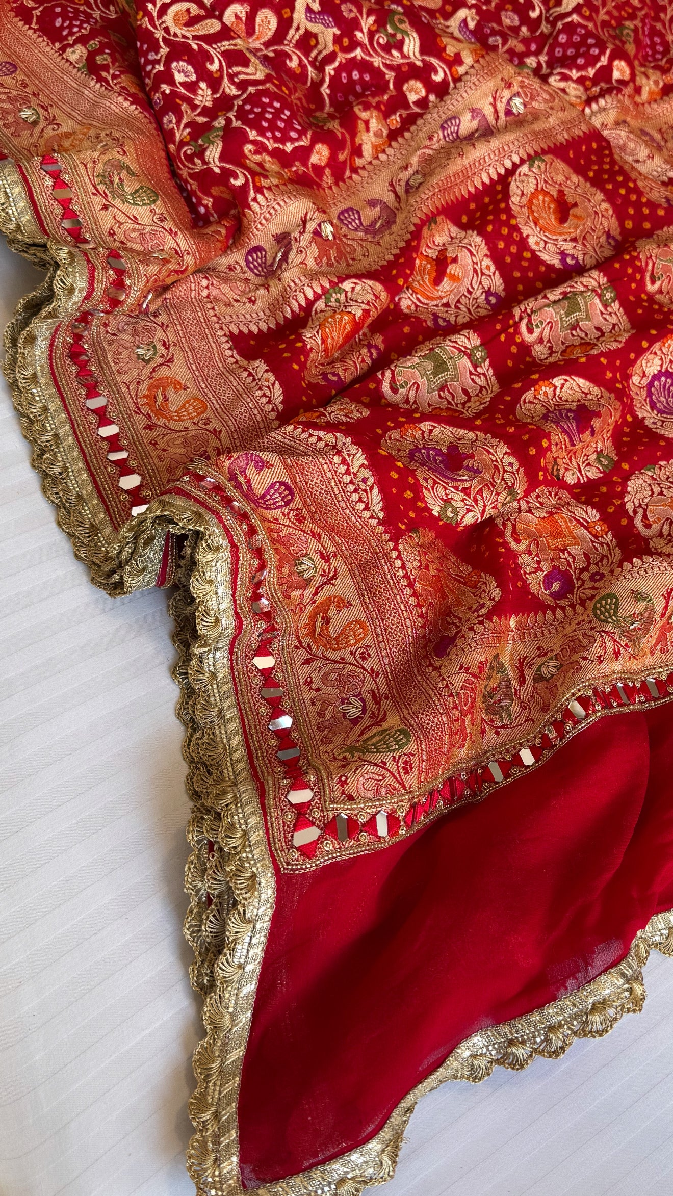 Mirror work shikargah motif hand embroidered banarasi bandhej saree