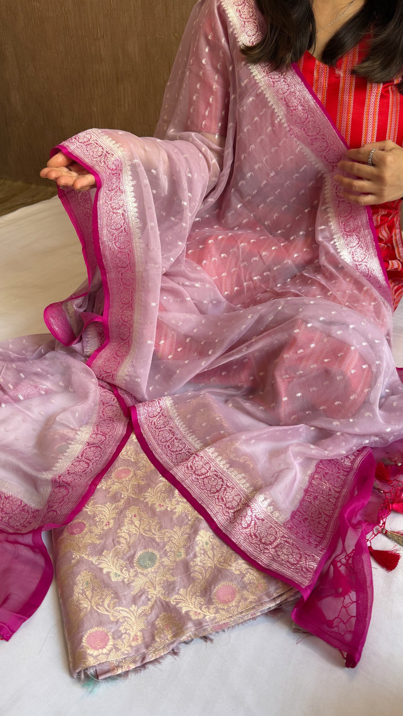 Blush pink - Hot pink katan silk kadhwa jaal kurta paired with chap dye chiffon gorgette duppata set