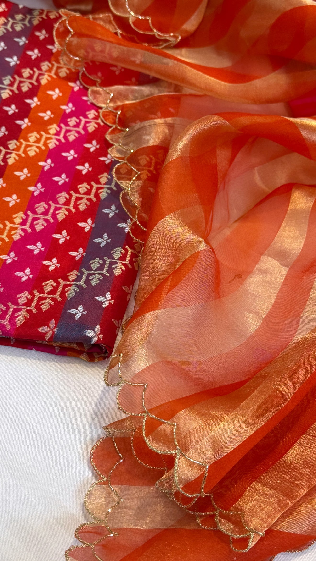 Katan silk rangkaat weaving kurta paired with Kora tissue striped duppata set