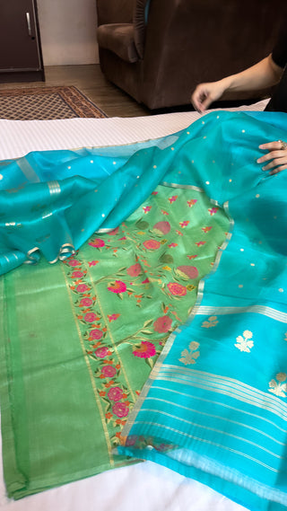 Menka (shades of green and blue) moonga silk kadhwa meenedar suit set