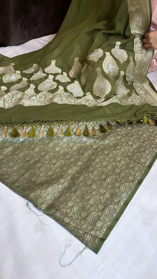 Mehendi green moonga brocade suit set