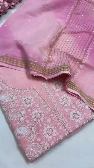 Pure Banarasi blush pink handloom premium cotton kadhwa lucknowi chikankari hand embroidered suit set with intricately hand embroidered motifs and ombre shaded duppata set