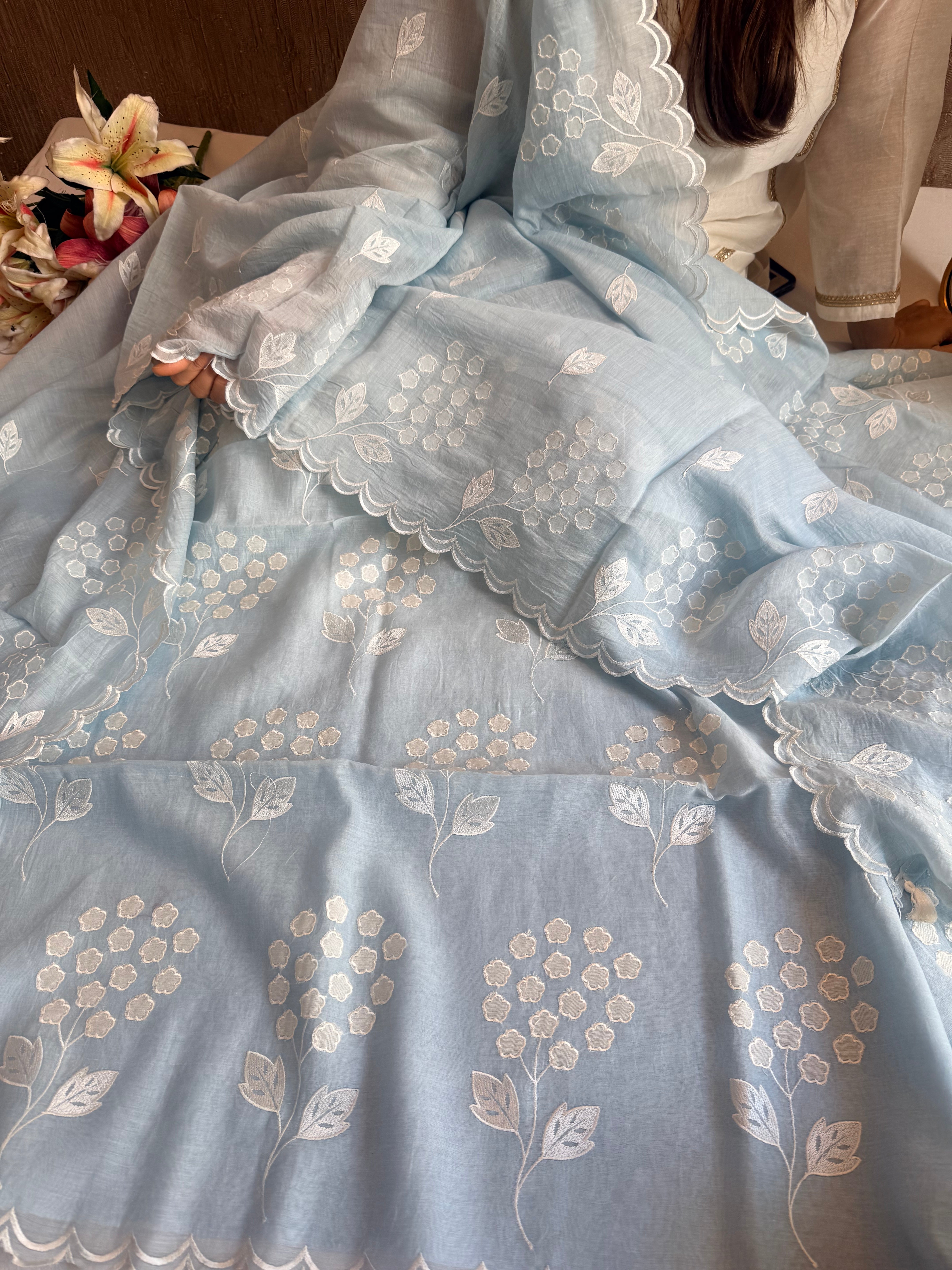 Alia bhatt inspired banarasi mulmul appliqué work suit set