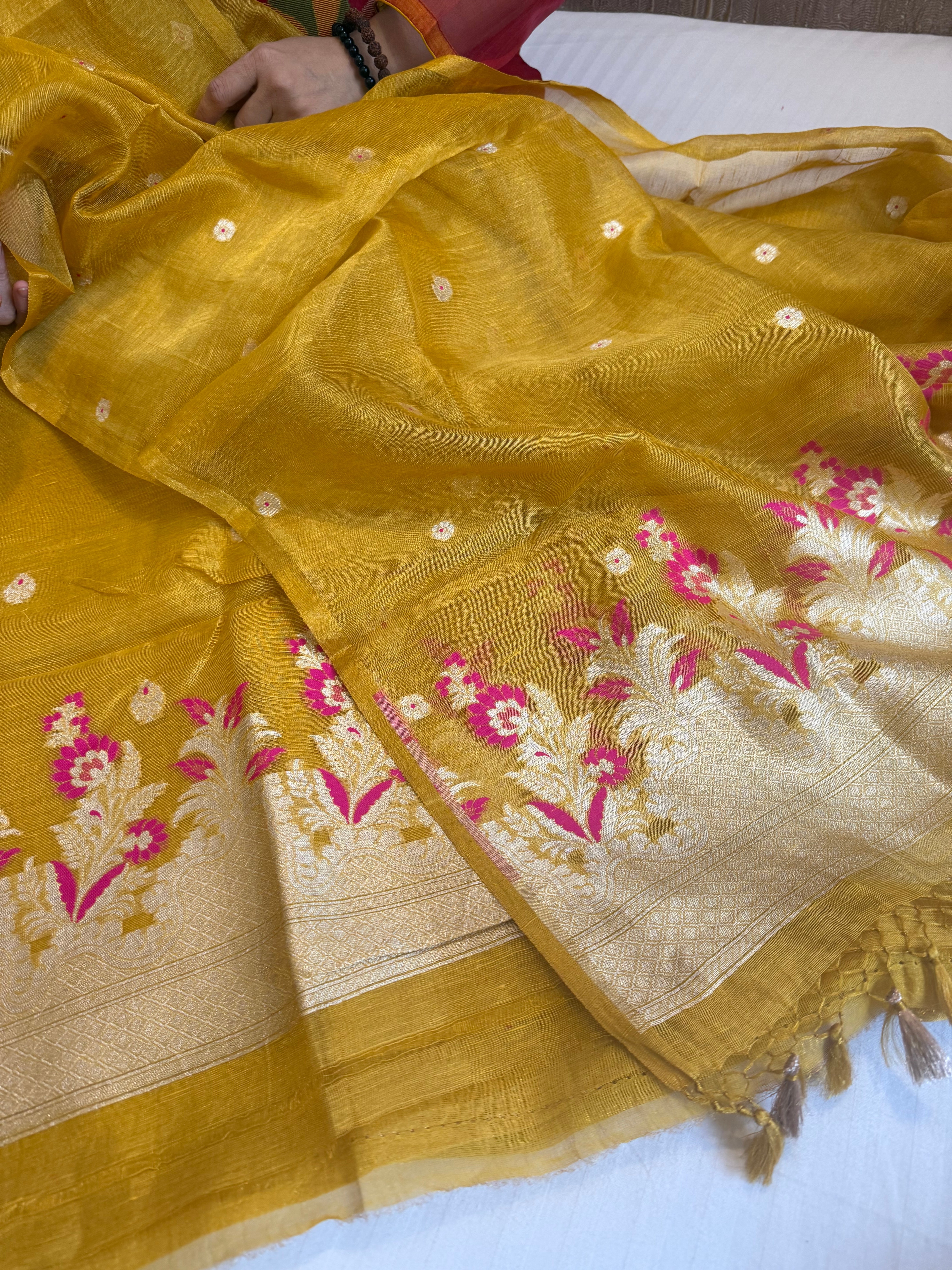 Linen tissue haldi gold meenakari kadhwa buti suit sets