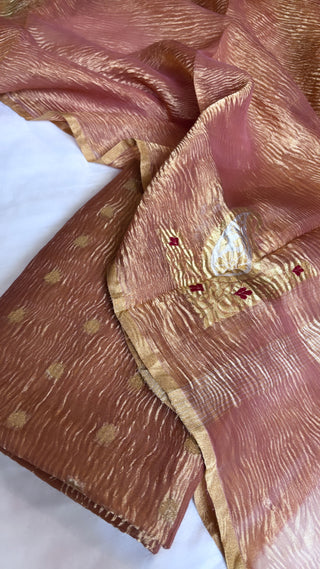 Pure banarasi peachish gold crushed tiisue silk kadhwa sona rupa meenedar buti three piece suit set