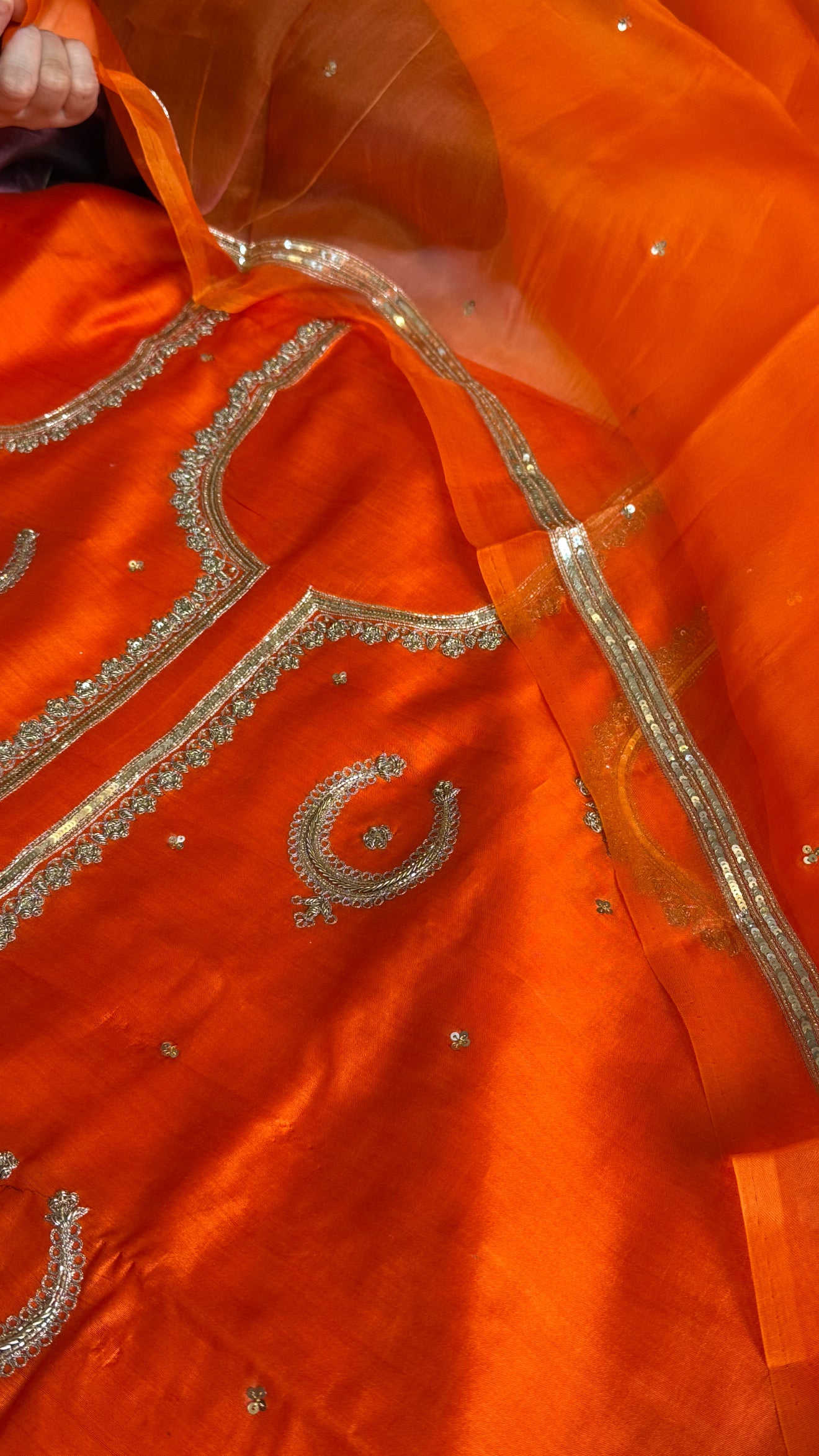 Fanta orange chand-buta chiniya silk kadhwa hand embroidered kurta paired with kora silk hand embroidered duppata set