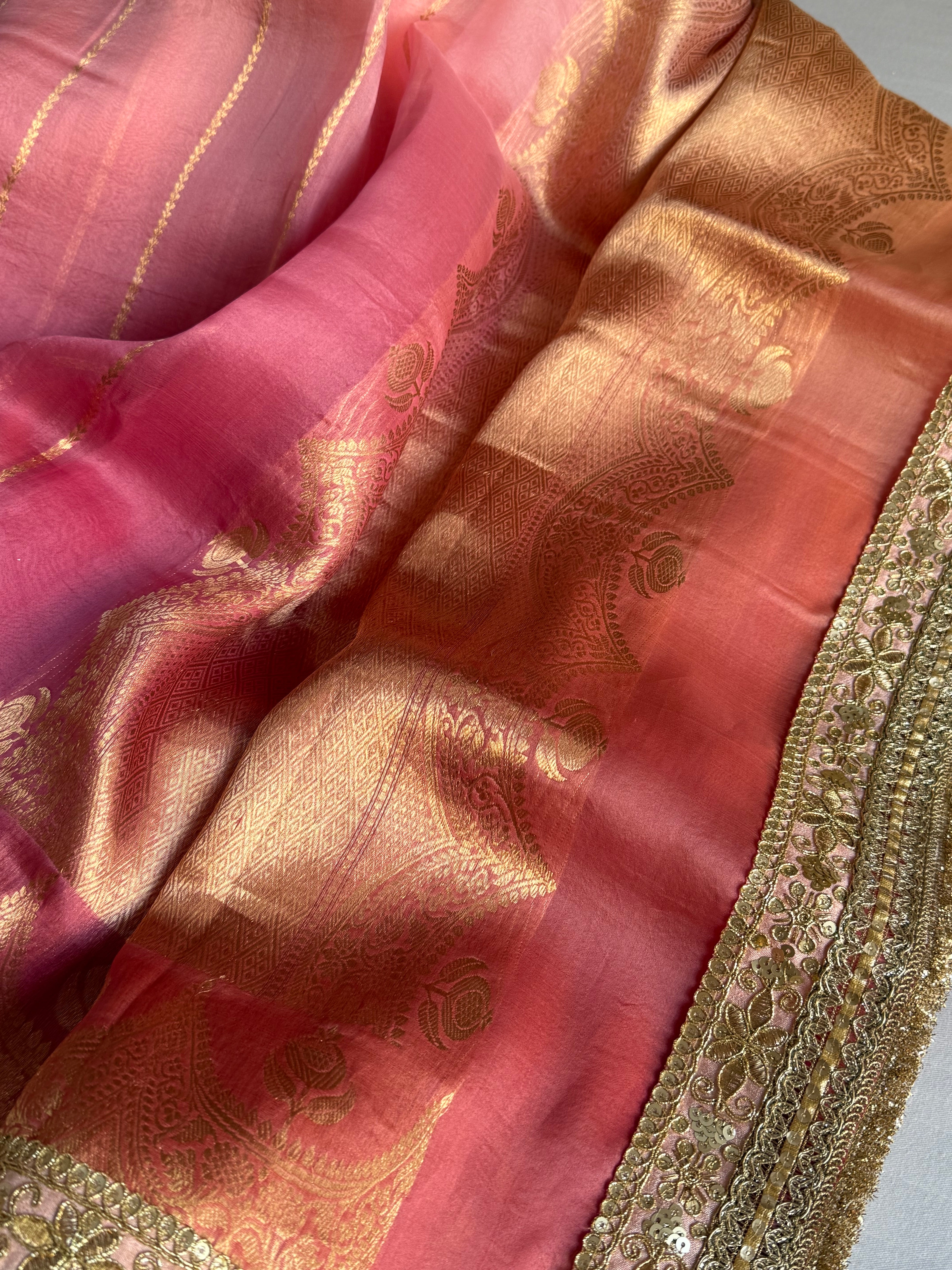 Rang-birangi banarasi kora silk multicoloured shaded kadhwa saree