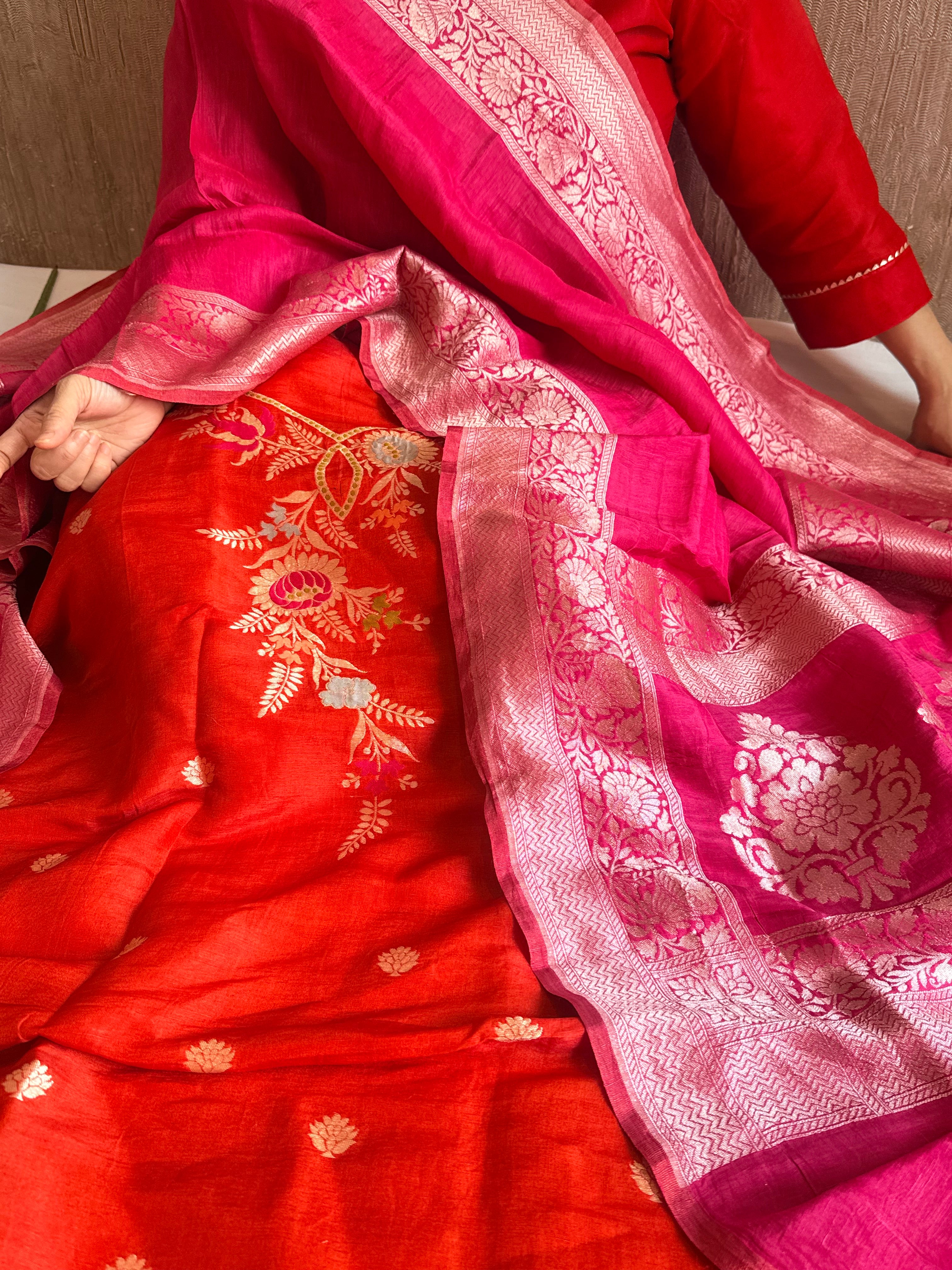 Banarasi linen gorgette neckwork weaving meenakari suit set