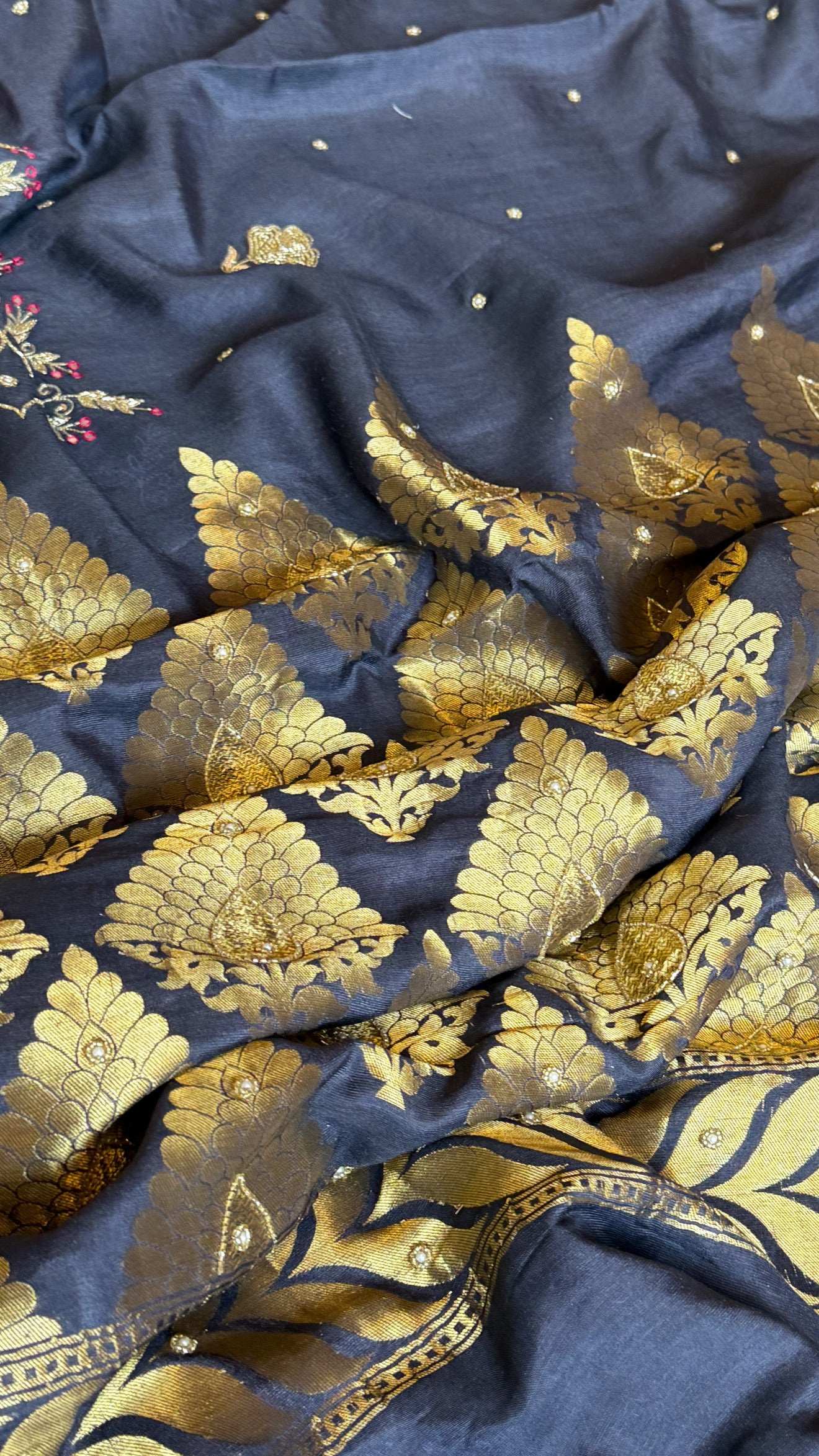 Navy blue moonga tussar silk hand embroidered kadhwa saree