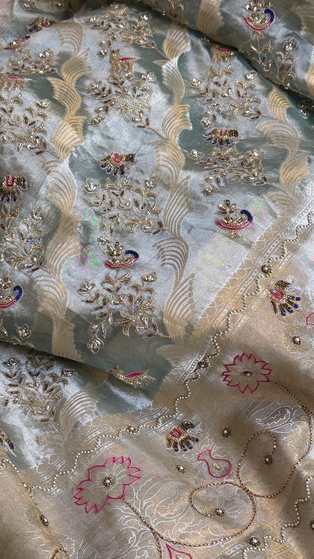 Nayi suhagan edit - Ice water blue tissue silk zardozi and marodi work hand embroidered jaal work saree