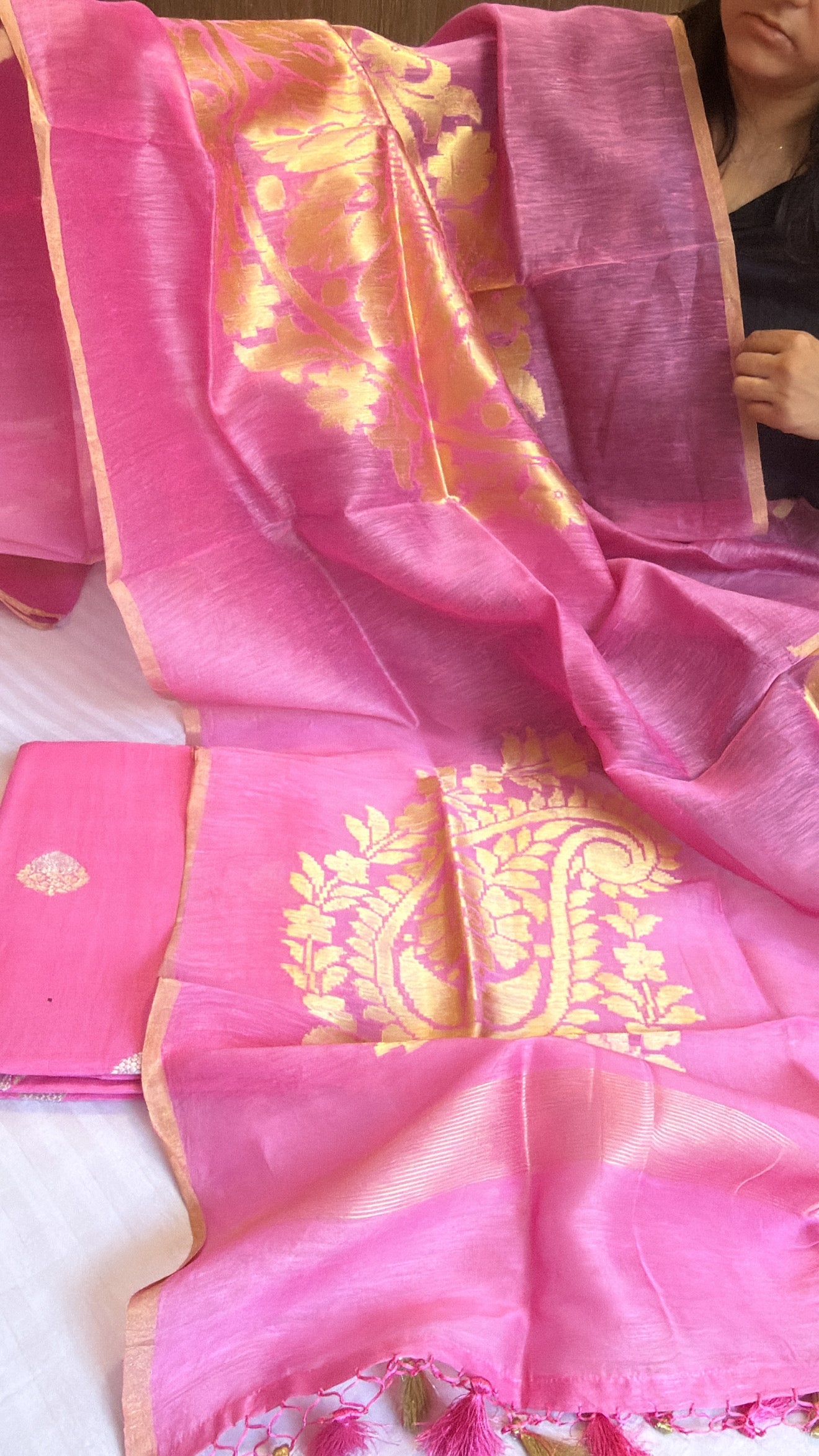 Candy pink linen gorgette ambi motif heavy suit set