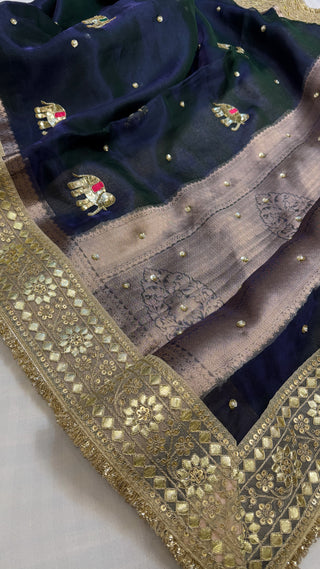 Baarat wali saree - Metallic deep blue husn tissue silk elephant motif hand embroidered saree