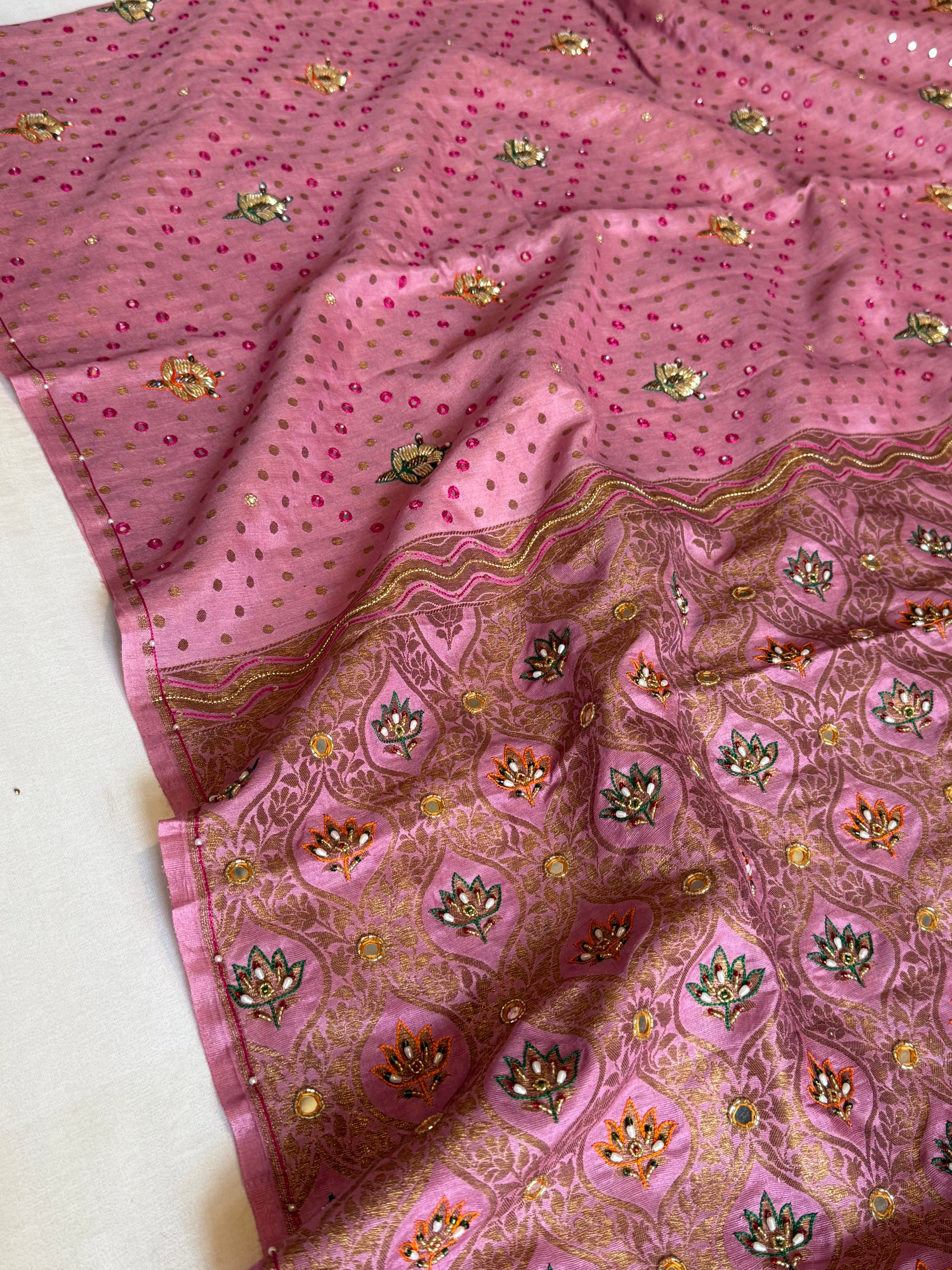 Strawberry pink moonga tussar antique zari hand embroidered kadhwa saree