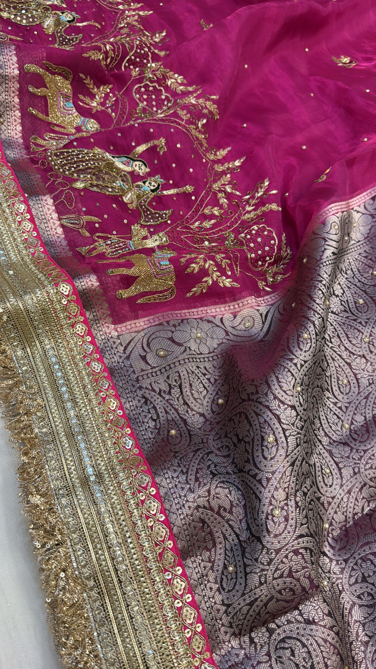 Rani pink rasleela husn hand embroidered kadhwa tissue silk saree