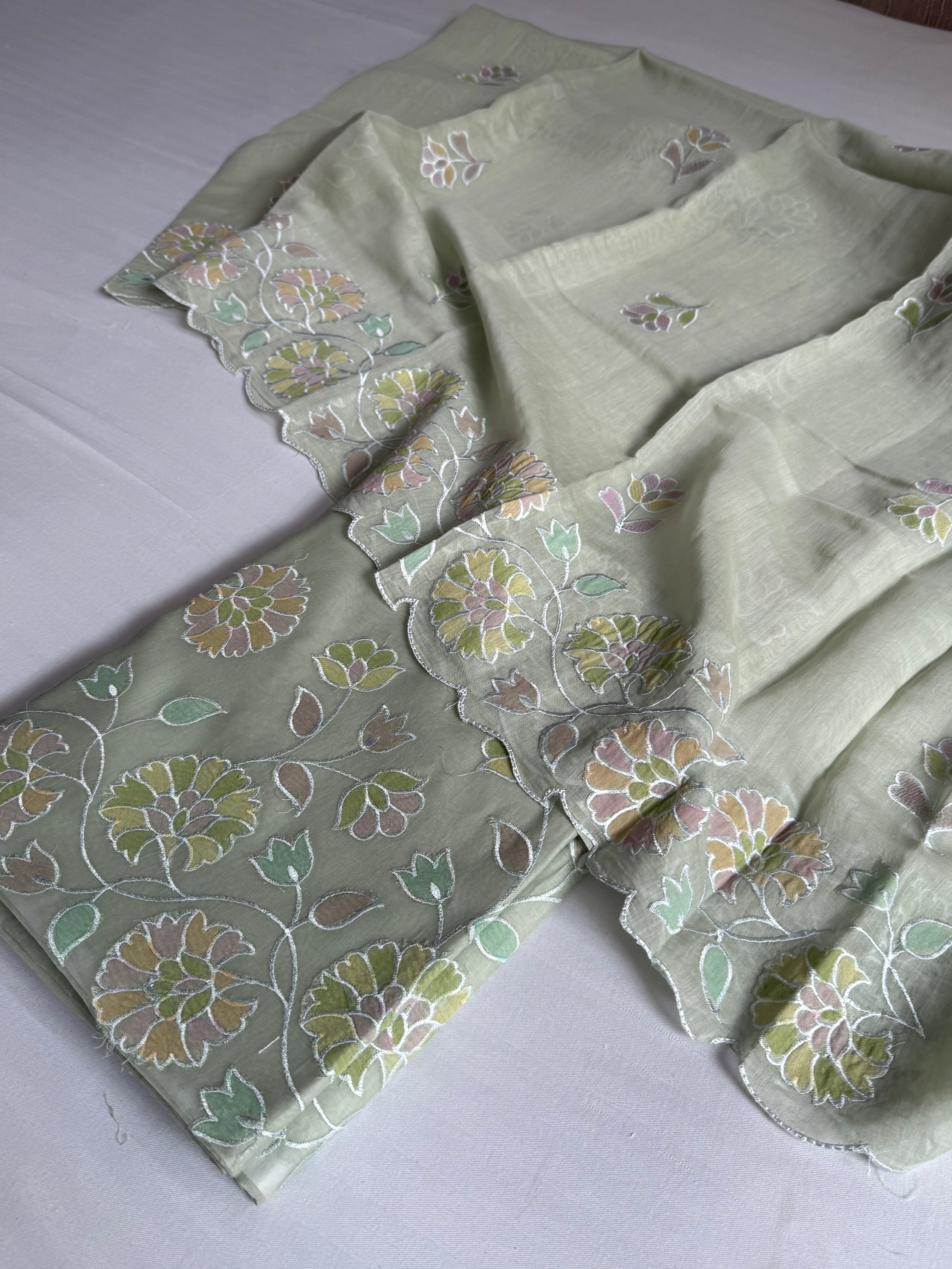 Sage green mul banarasi cotton brush dyed appliqué work suit set