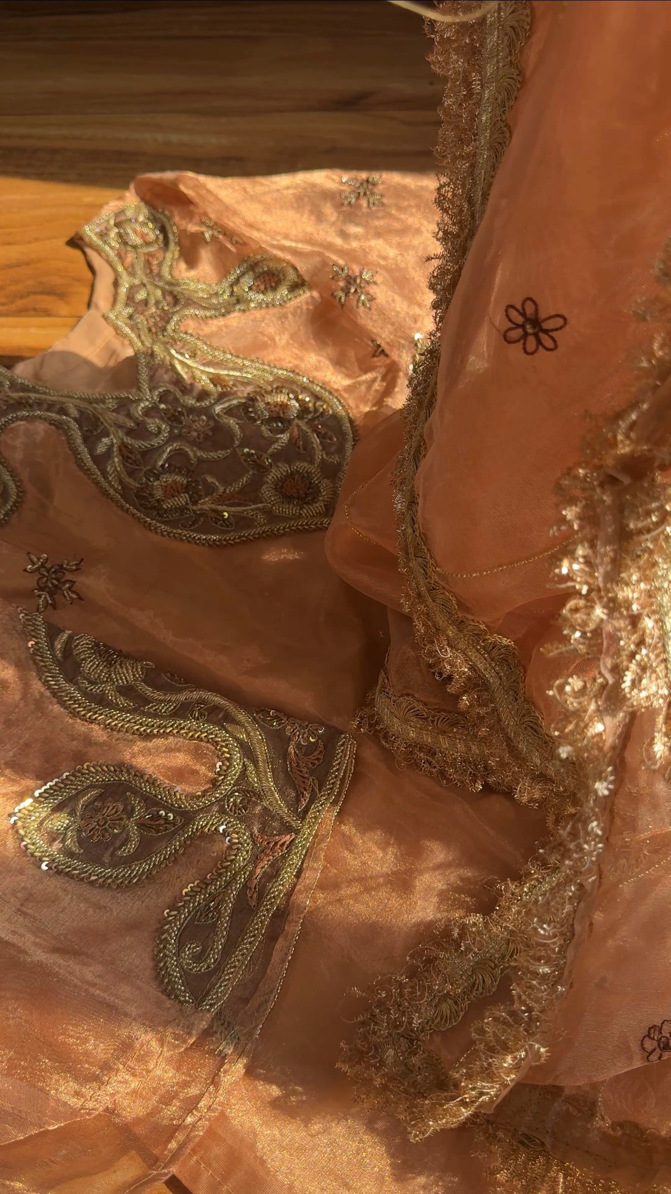 Pakeeza inspired copper tissue silk heavy zardozi work suit set