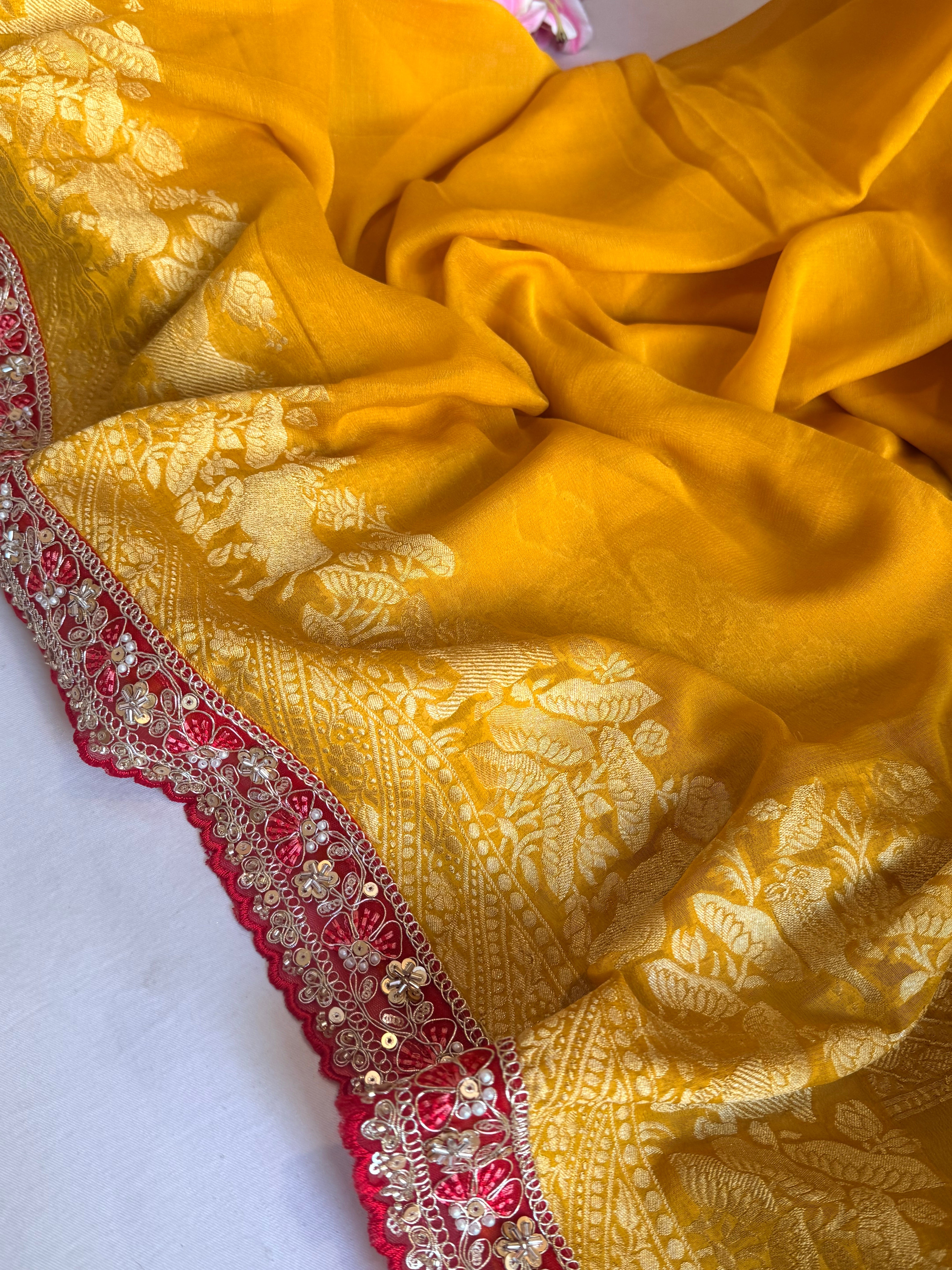 Haldi yellow shikargah kadhwa border chiffon gorgette banarasi saree