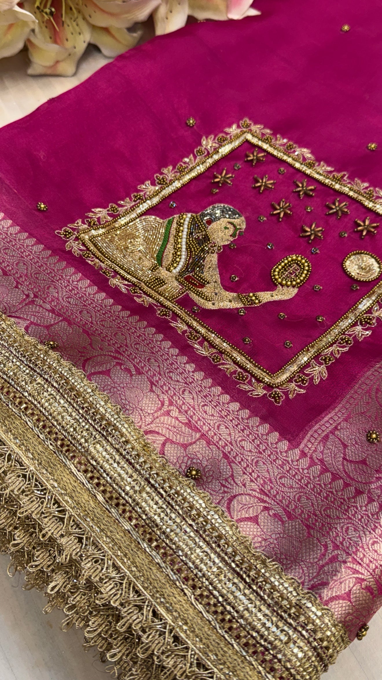 Karwachauth special - Hot metallic pink tissue silk hand embroidered kadhwa saree