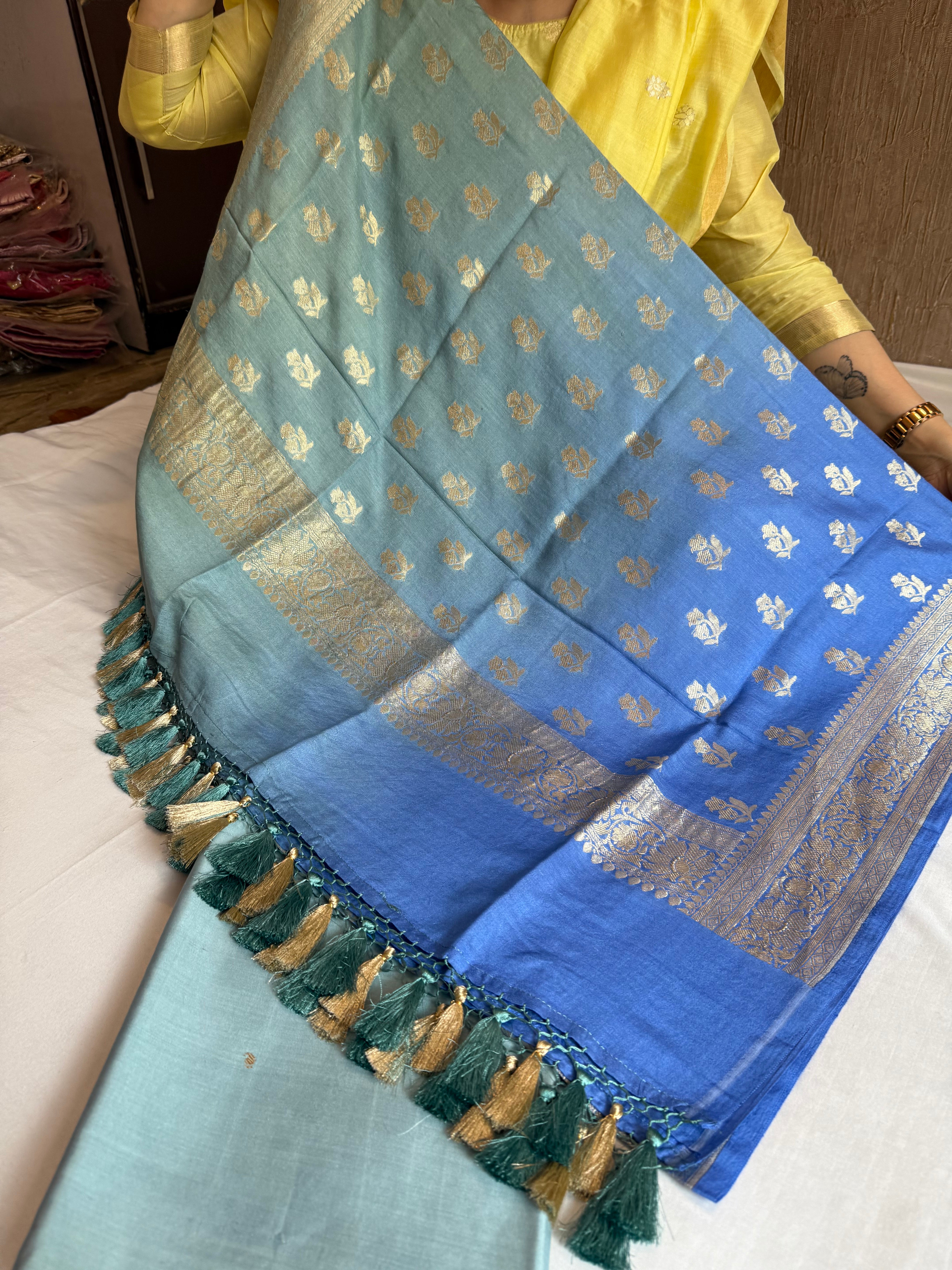 Persian sea blue ombre shaded moonga silk kadhwa buti suit sets