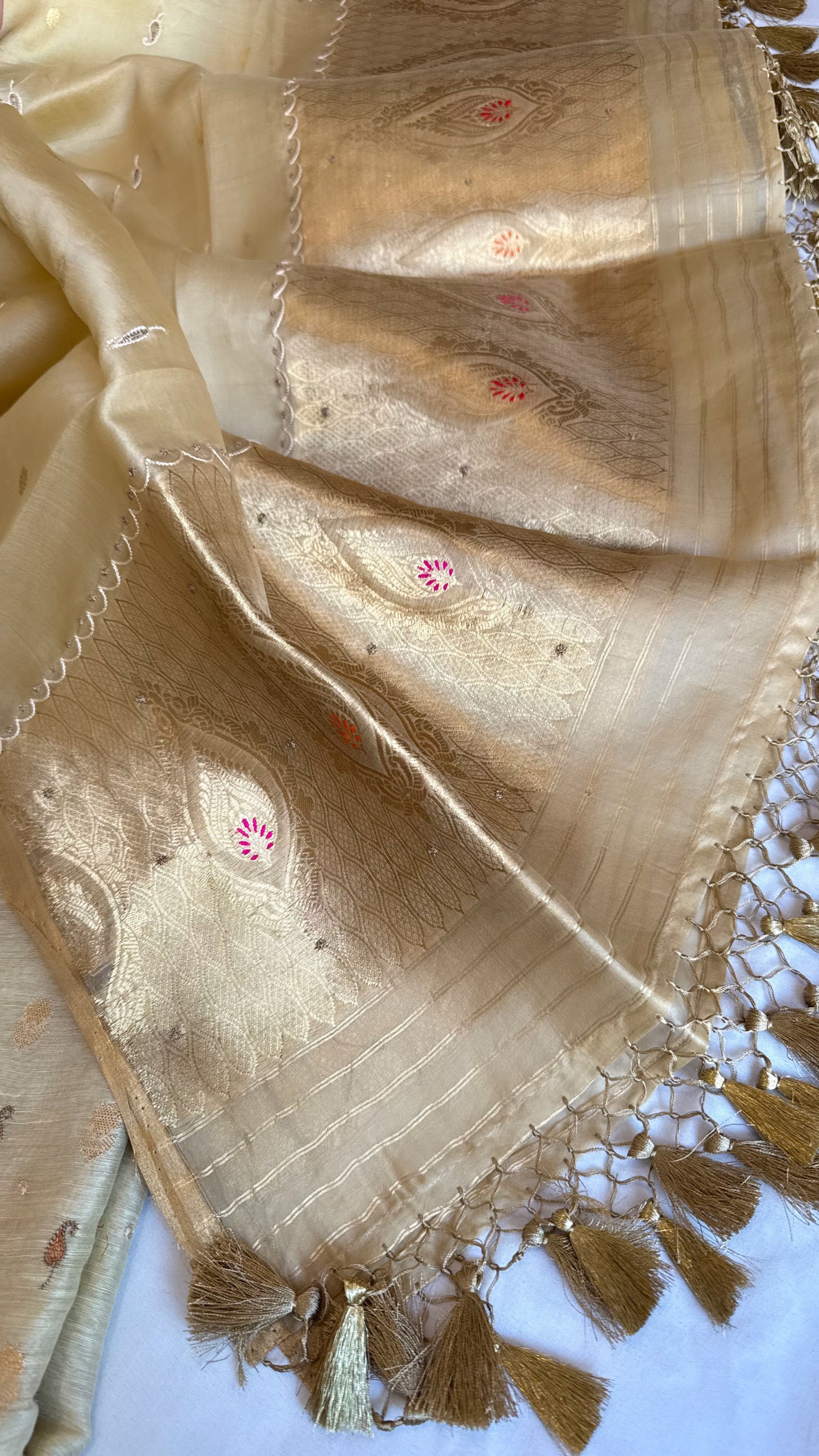 Soft gold resham hand embroidered linen gorgette kurta paired with kora silk duppata