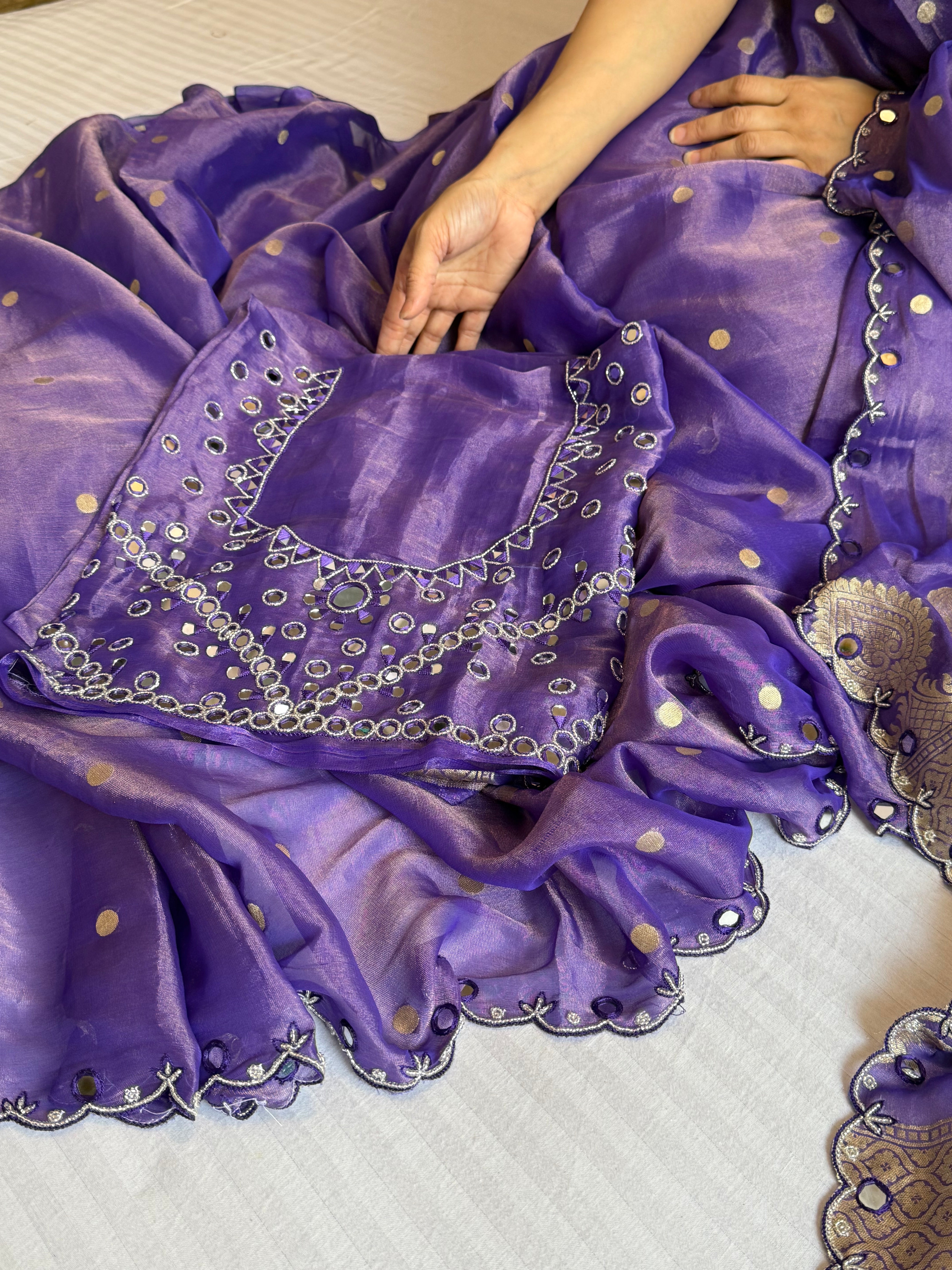 Deep purple tissue gorgette kadhwa mirror work hand embroidered saree