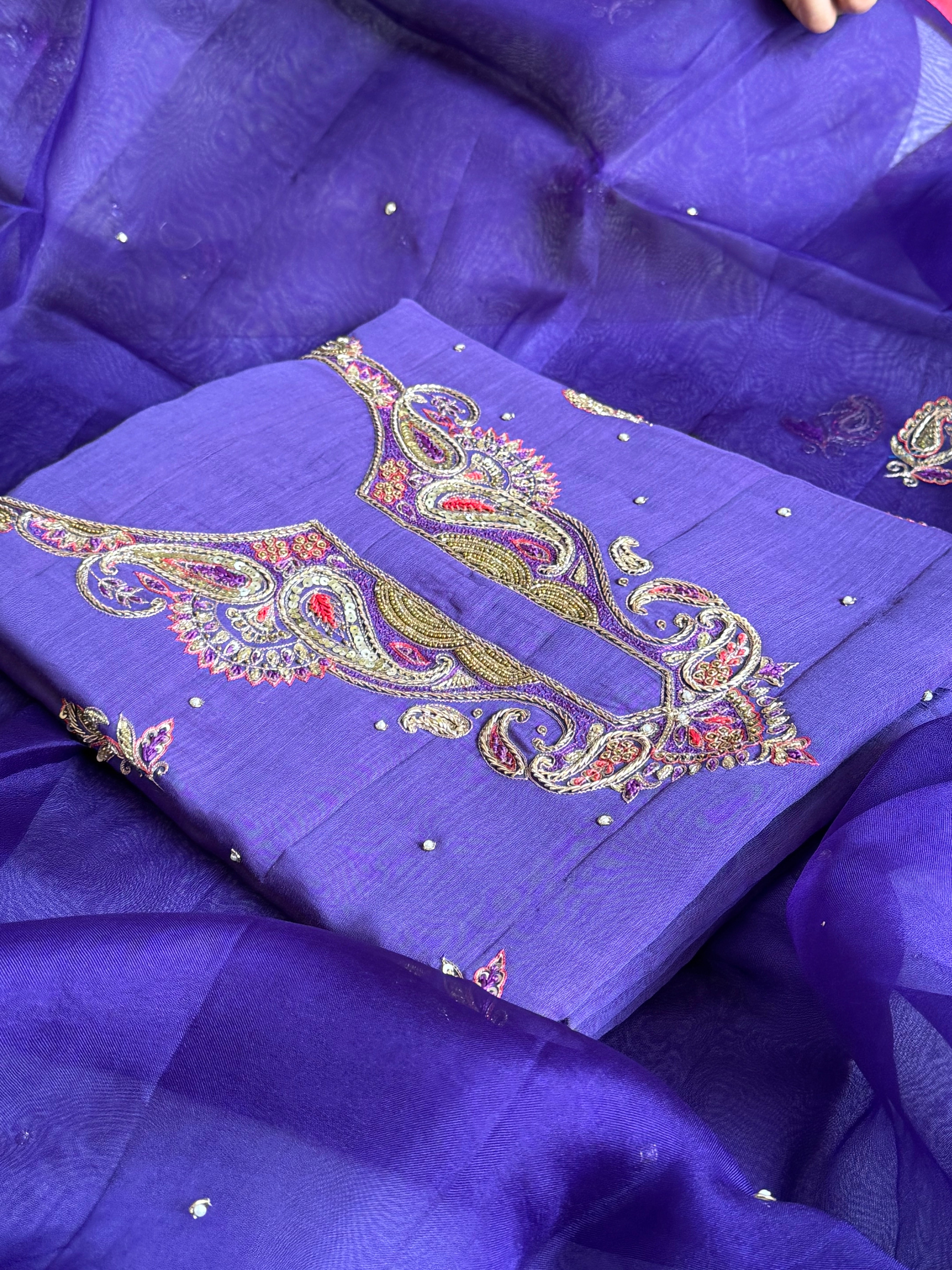 Banarasi formal wear mul cotton royal purple hand embroidered kadhwa suit paired with banarasi border kora silk duppata