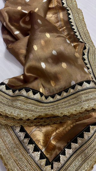 Maharani kanjivaram chocolate brown tissue silk kadhwa buti saree