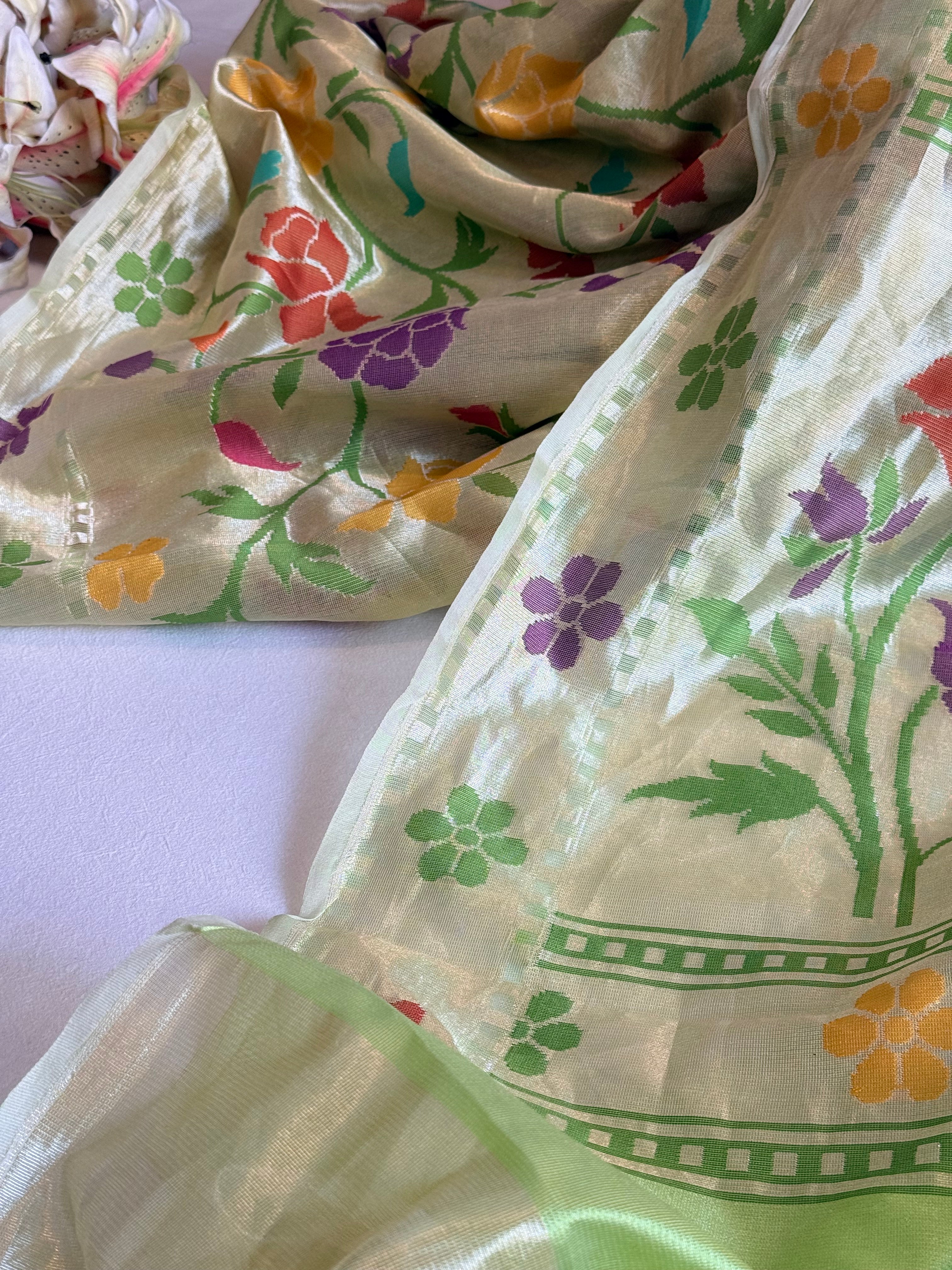 Silk net tissue edit - Banarasi green tissue silk net kadhwa paithani weaving saree