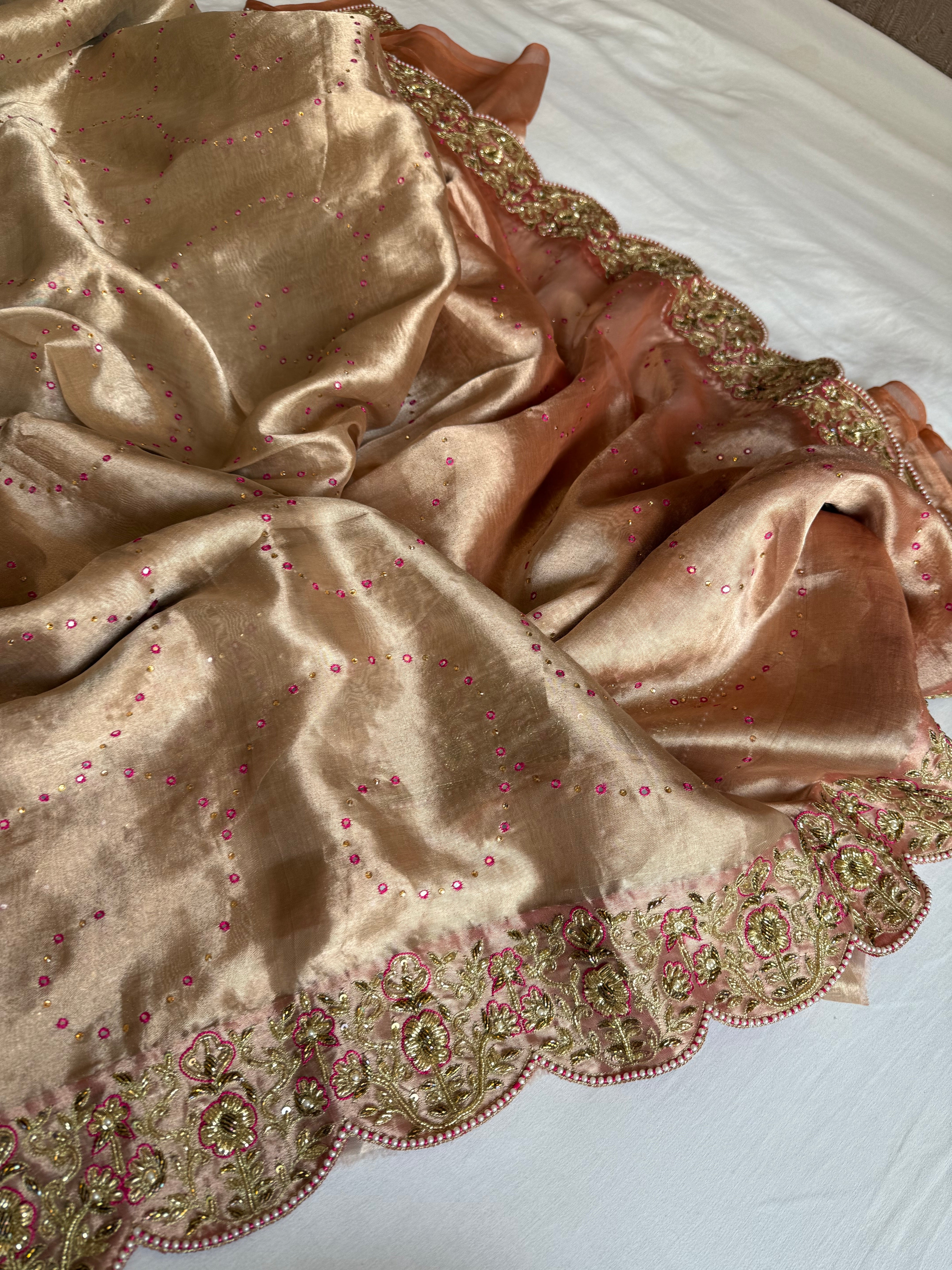 Umrao jaan inspired double diamond tissue silk zardozi hand embroidered saree