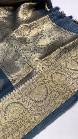 Pure banarasi english blue kora silk kadhwa saree with handwoven kadhwa buti