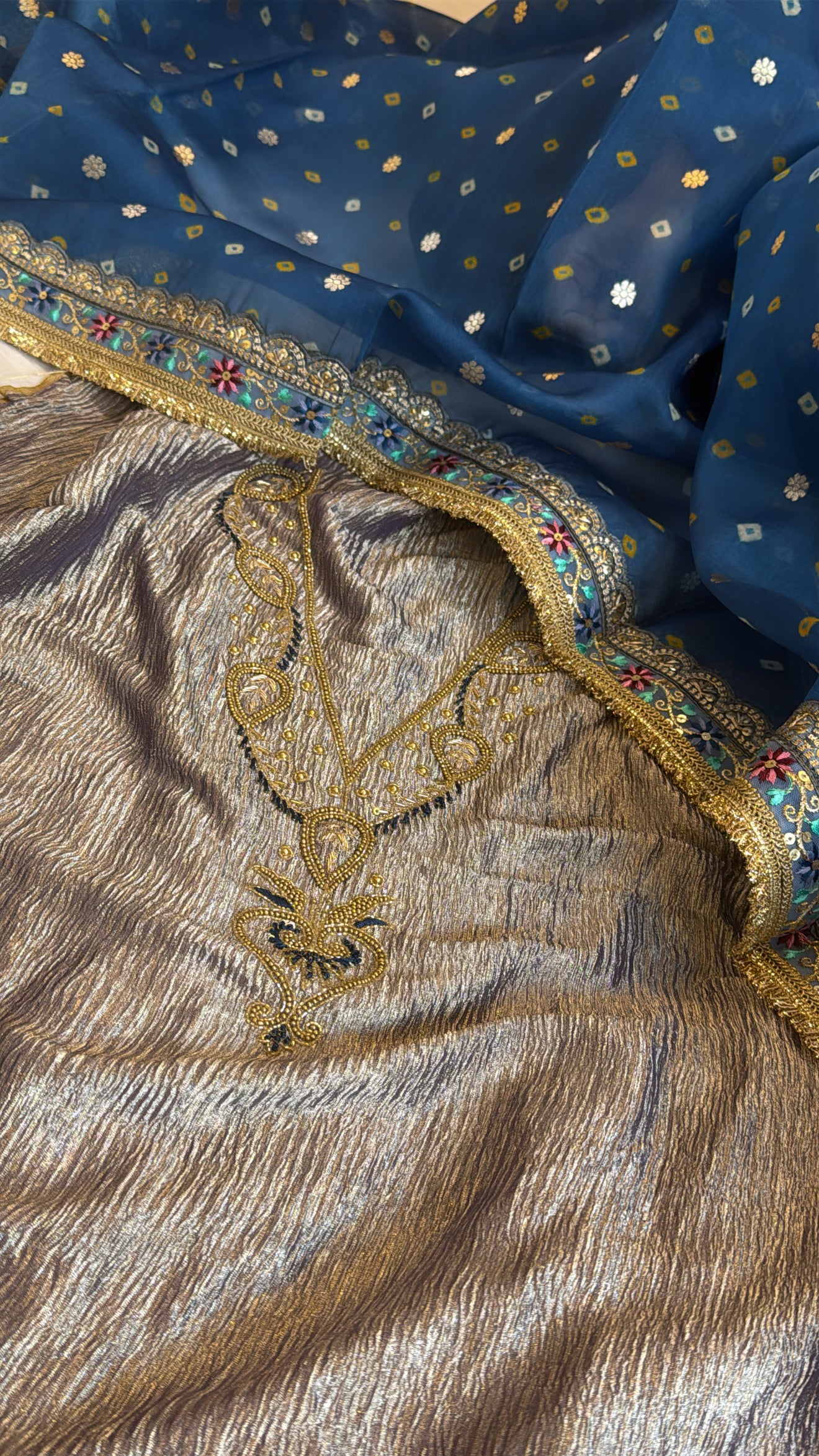 Persian blue crushed tissue silk hand embroidered kadhwa suit set
