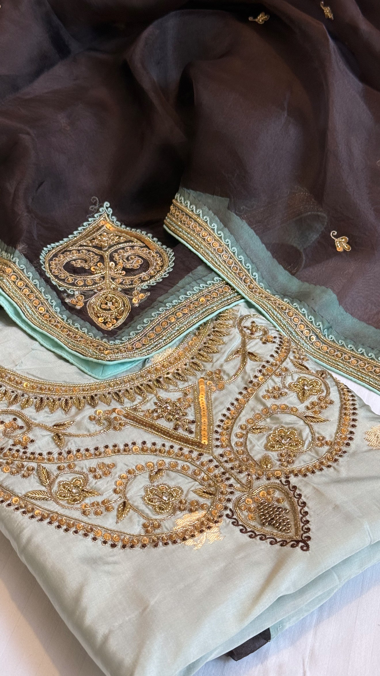 Mint blue - Brown shade katan silk hand embroidered kurta paired with kora silk zardozi duppata