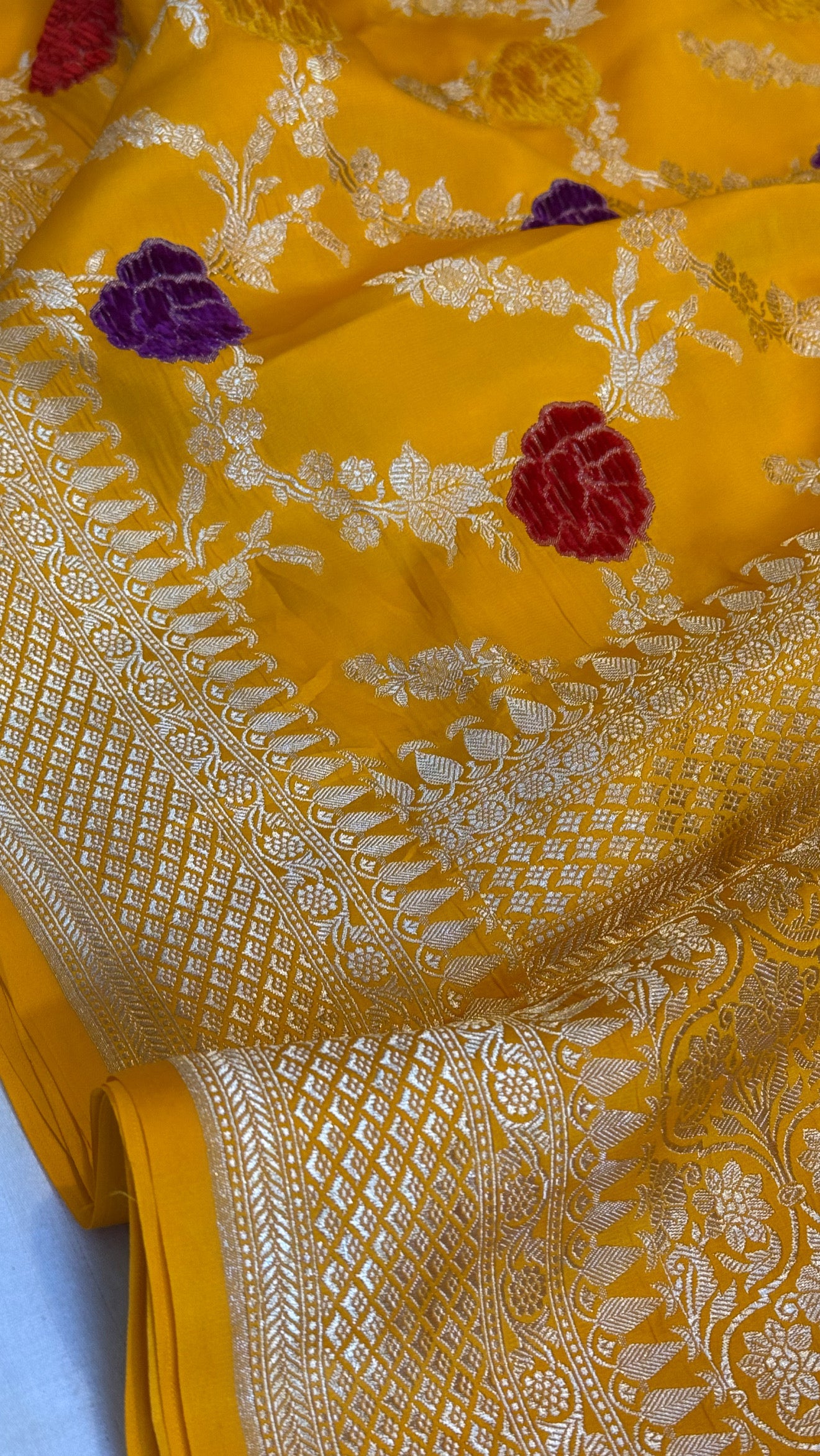 Haldi yellow banarasi mashru silk velvet buti kadhwa weaving saree