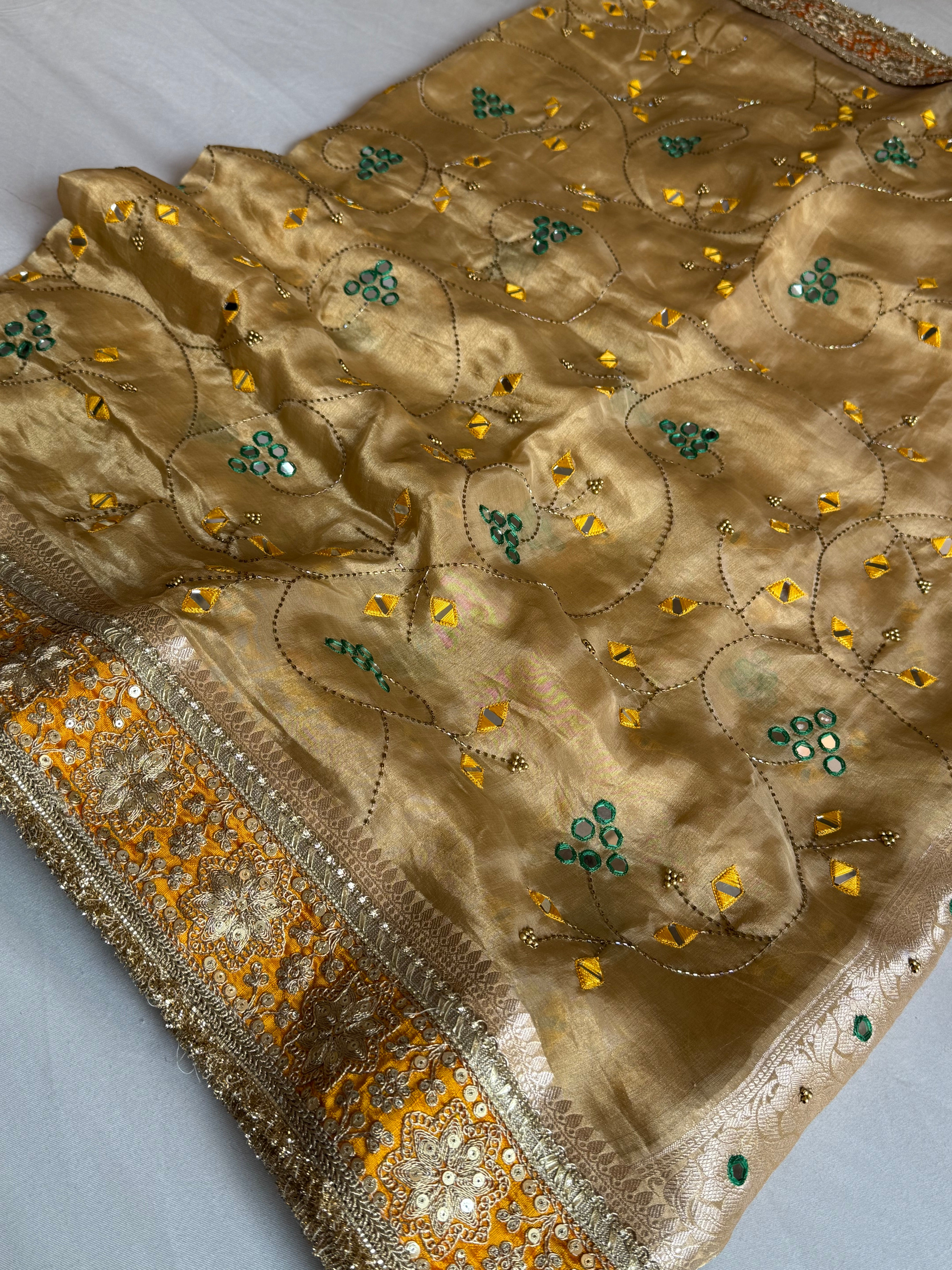 Sheesham edit - Heavy double tissue silk mirror work hand embroidered saree