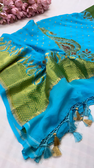 Banarasi gorgette firozi blue kadhwa brush dyed duppata