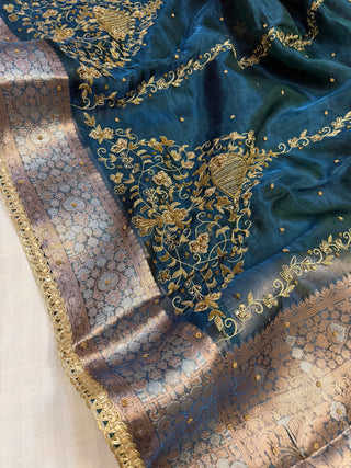 Cocktail wali saree - Peacock blue tissue silk heavy hand embroidered saree