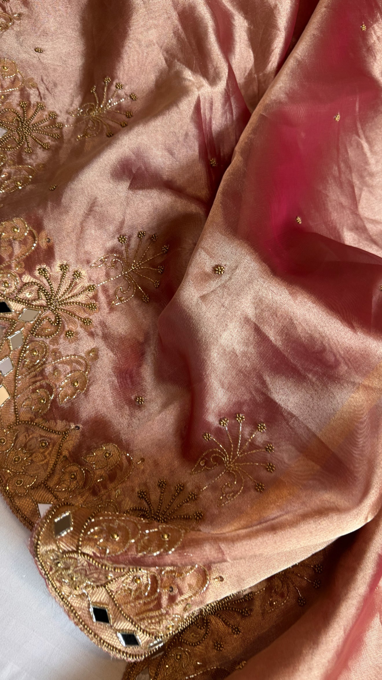 Husn cherry pink tissue silk heavy hand embroidered kadhwa saree