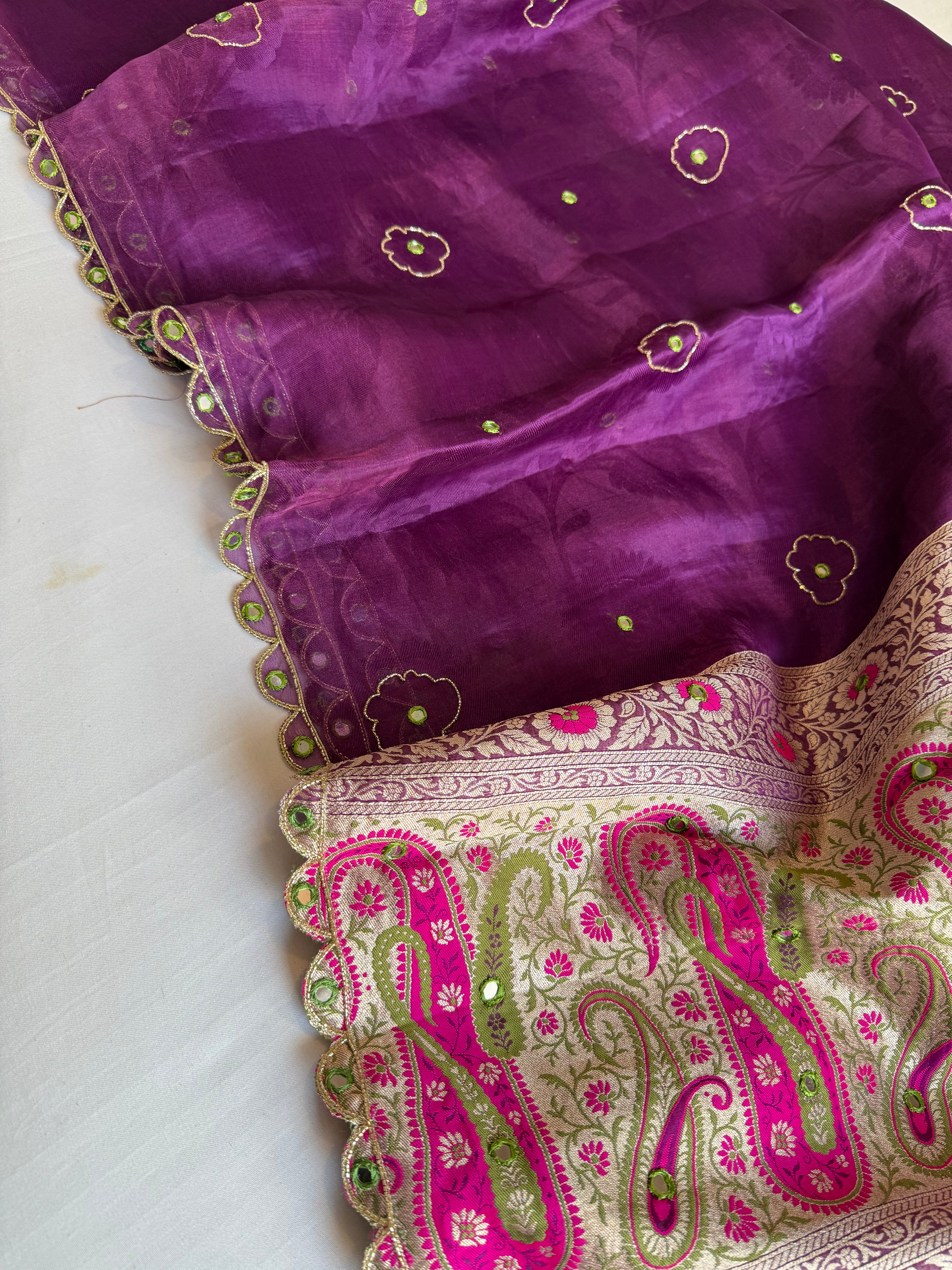 Brinjal purple tissue tanchoi meenakari jamevar pallu hand embroidered saree
