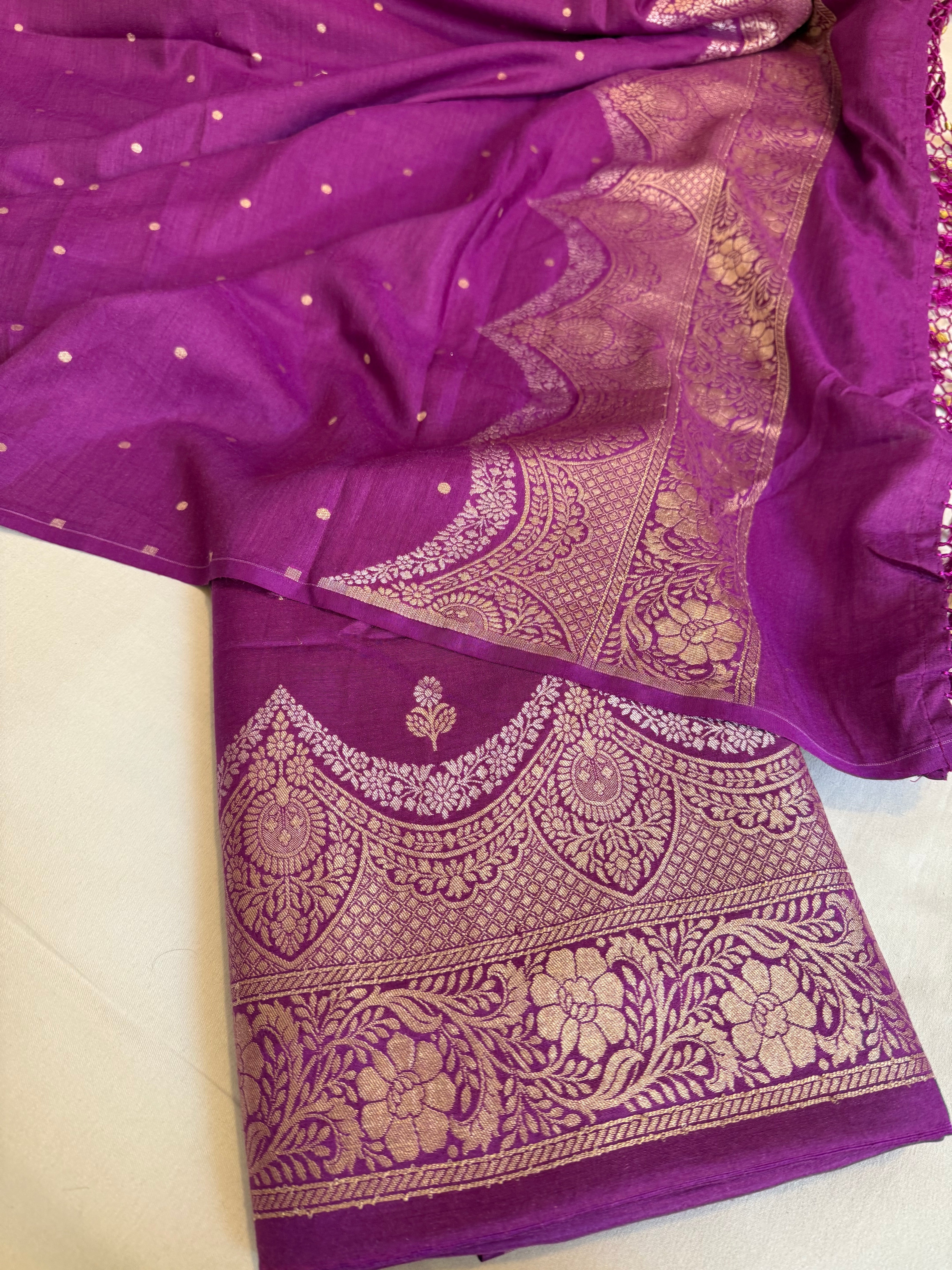 Moonga silk purple scalloped border weaving kadhwa suit set