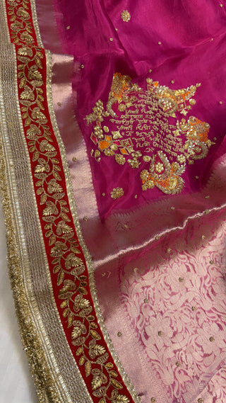 Cocktail edit sarees - Rani pink “gayatri mantra” tissue silk hand embroidered saree