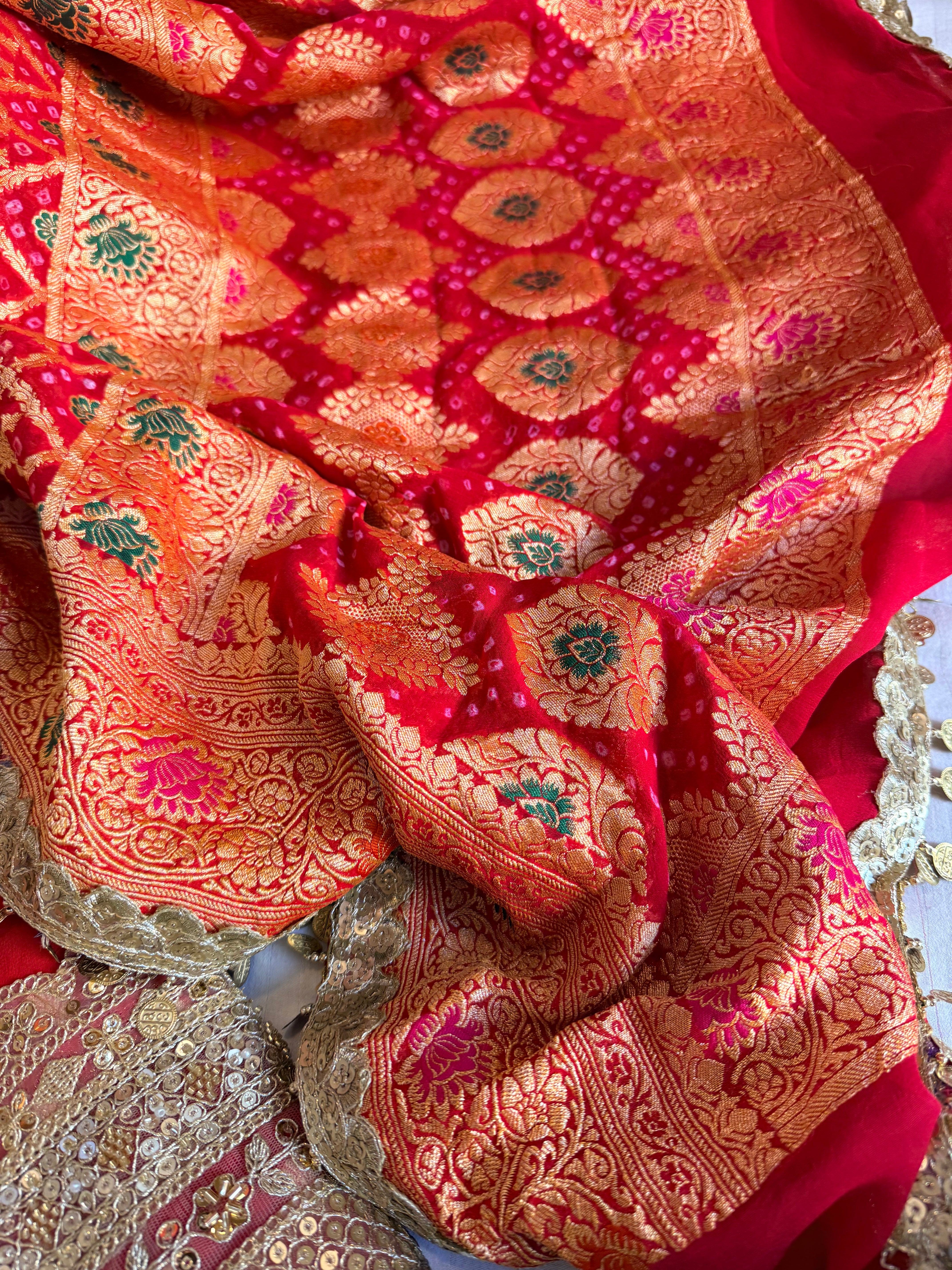 Rai bandhej bridal red banarasi chiffon gorgette gotapatti suits