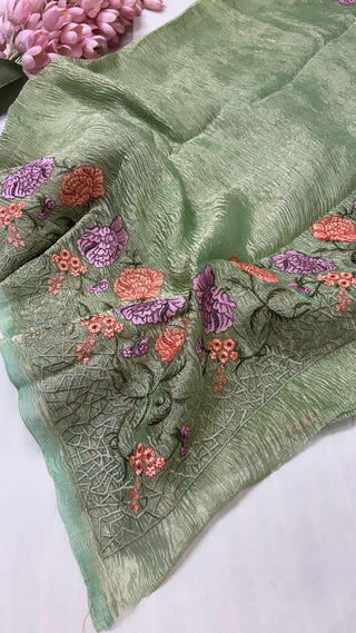 Damini apple green crushed tissue silk saree