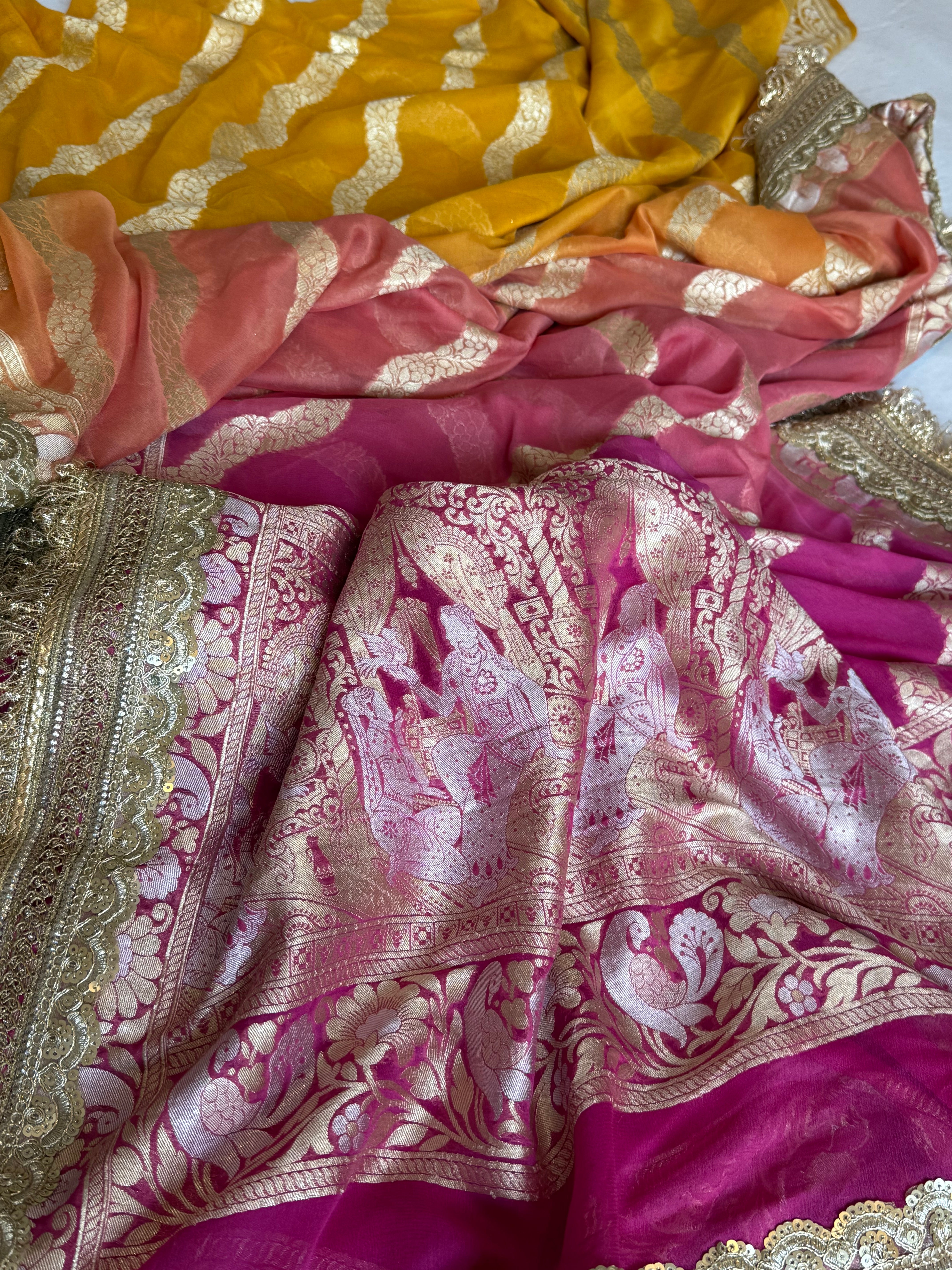 Gayatri devi inspired banarasi chiffon gorgette kadhwa shaded jungla saree