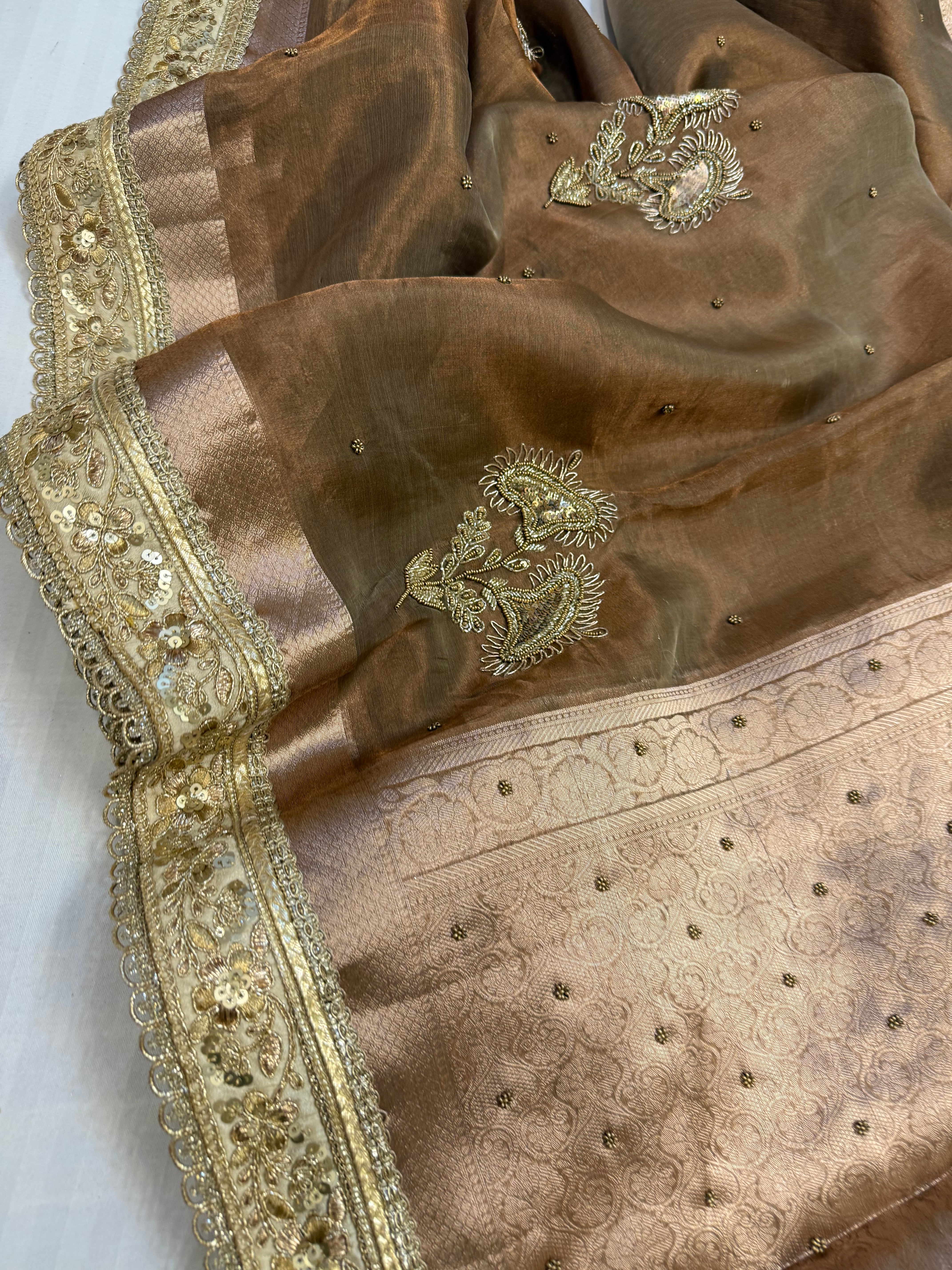 Cocktail wali saree - Dusty beige tissue silk heavy hand embroidered saree