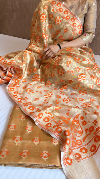 Iktara tissue silk orange meenakari jungla jamdani suit set