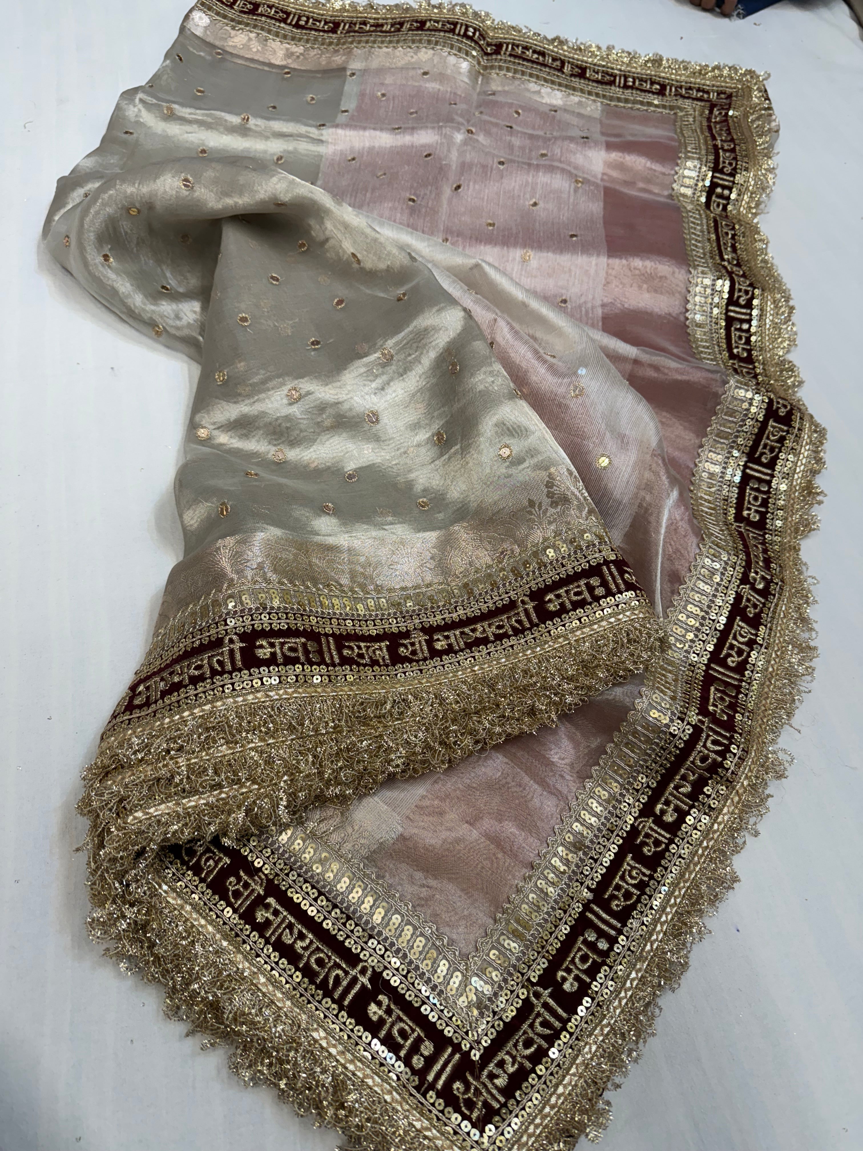 Diamond tissue silk chunri buti hand embroidered panetar saree