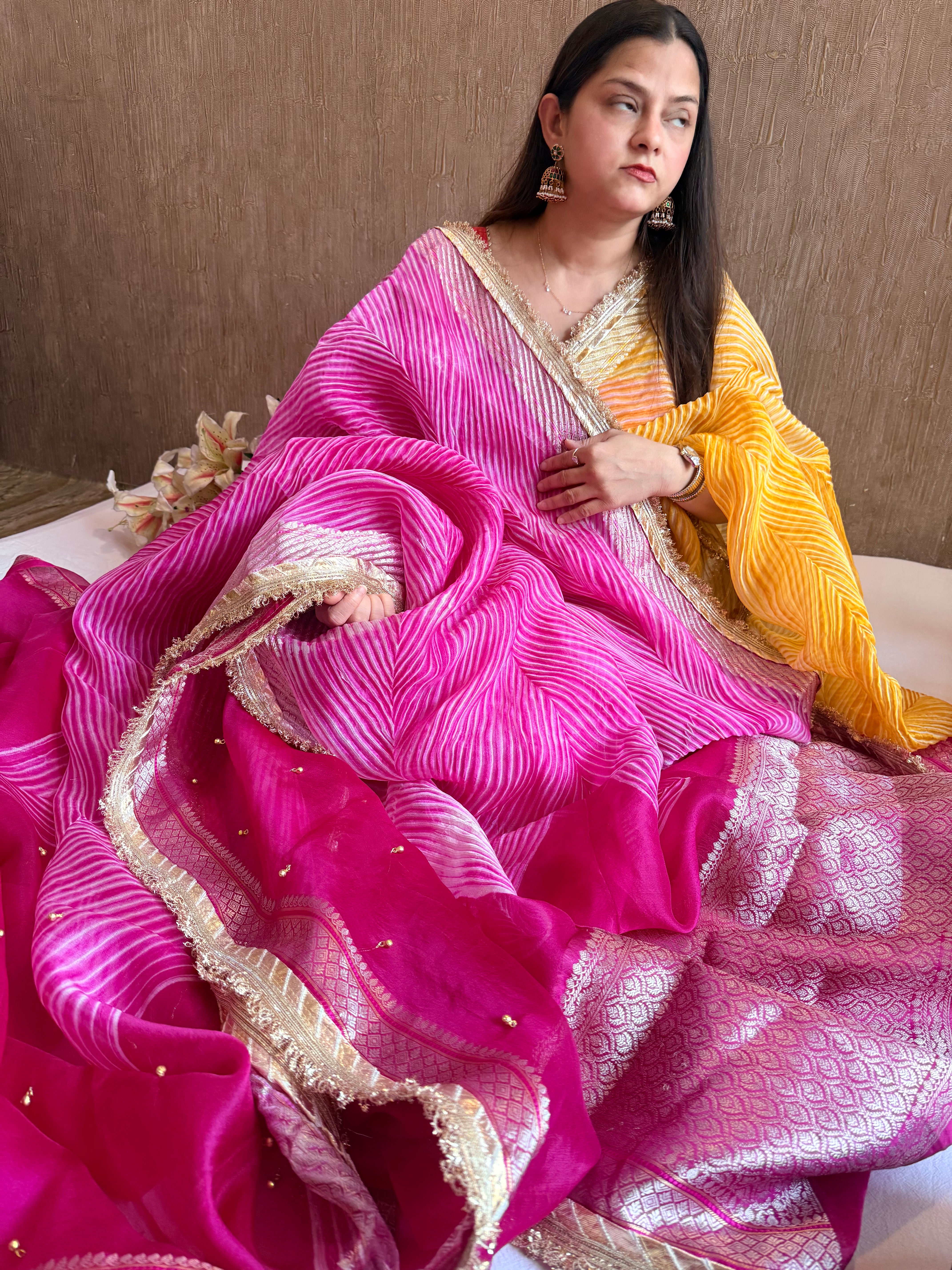 Arshi dye ghungro work kora silk banarasi kadhwa weaving saree