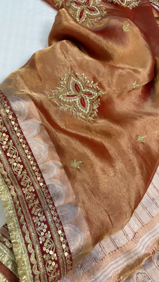 Cocktail edit sarees - Red tissue silk heavy hand embroidered saree