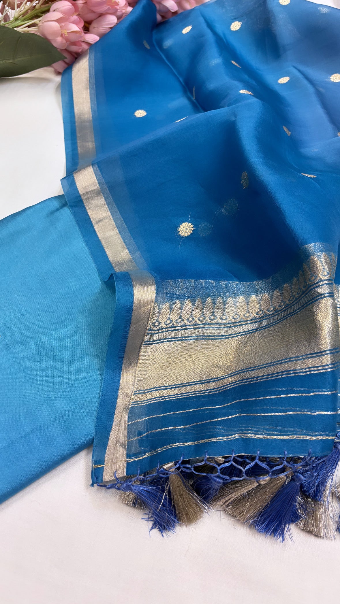 Pure Banarasi aqua blue chiniya silk kadhwa suit set paired with kora silk ombre shaded kadhwa duppata and bottom set