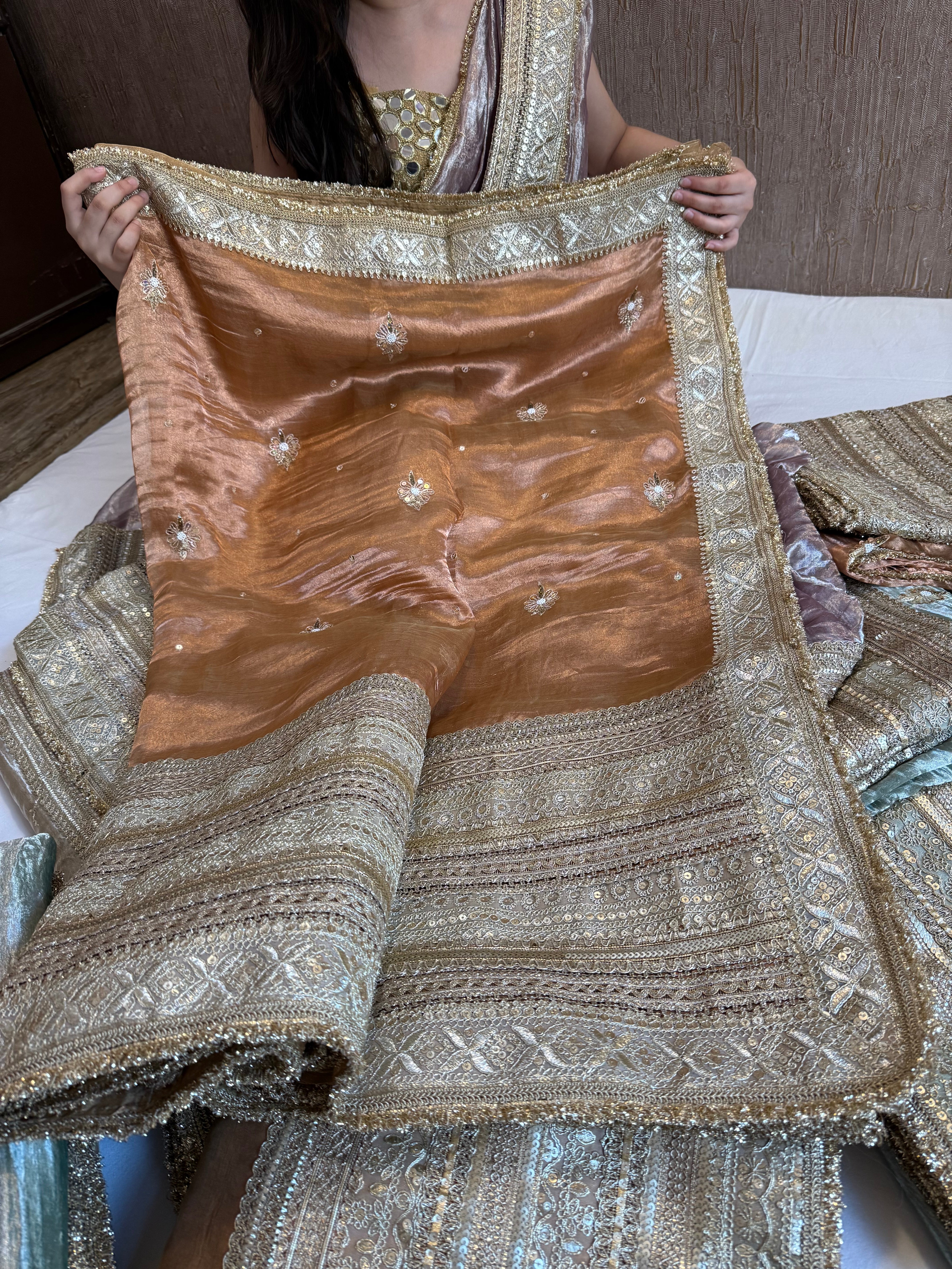 Lehenga style saree edit- Mud brown diamond tissue silk tilli work heavy gotapatti skirt border saree